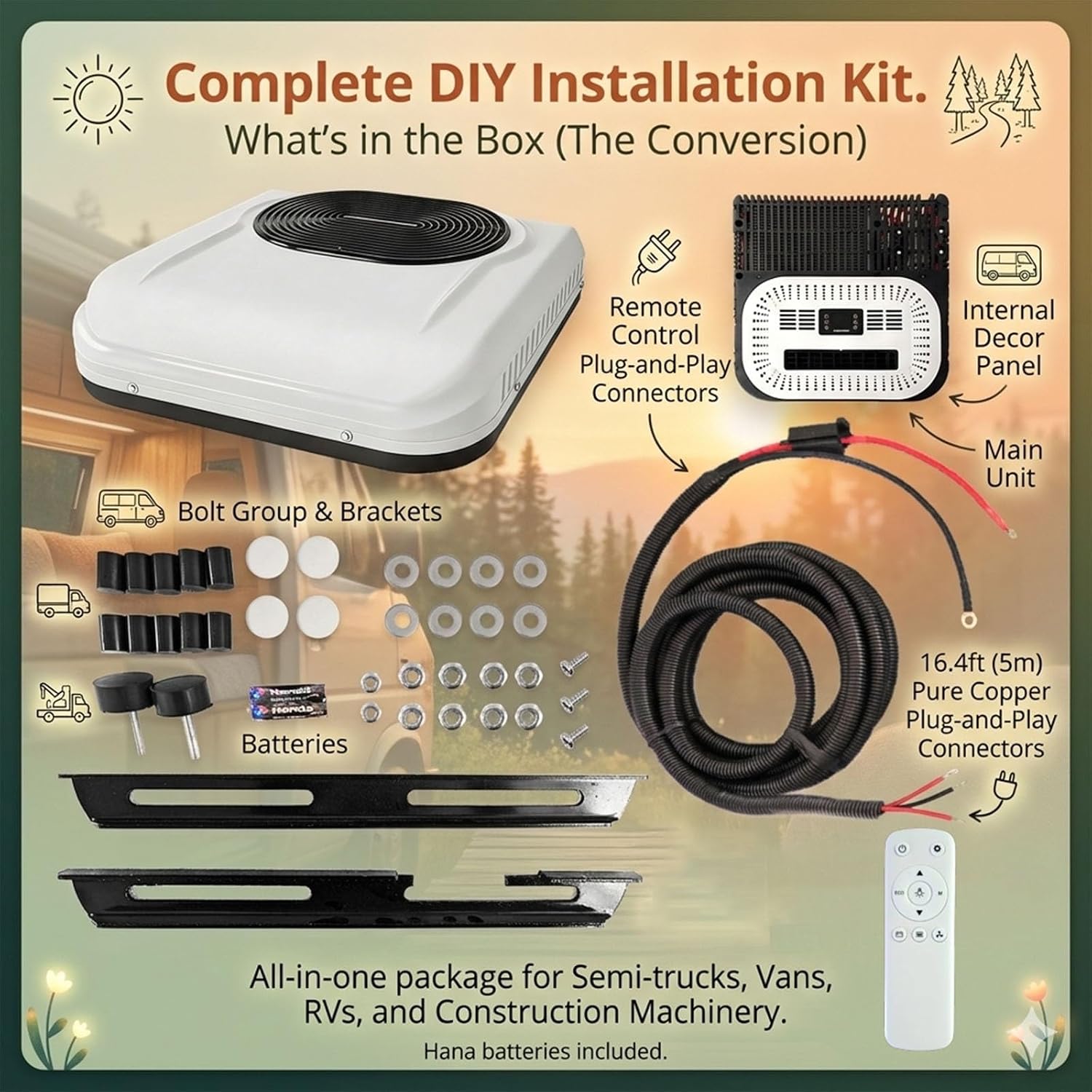 Batteriebetriebene RV-Klimaanlage, 12 V/24 V Gleichstrom, Dach, AC-Einheit für LKW, Camper, Van, Wohnmobil, 1800 W Kühlleistung, Inverter-Parkklimaanlage