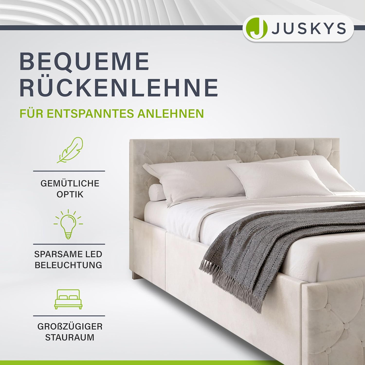 Juskys Polsterbett Nizza 120x200 cm mit Matratze, Bettgestell mit Lattenrost, Stauraum & LED Beleuchtung, Samtbezug, Chesterfield-Steppung, Beige