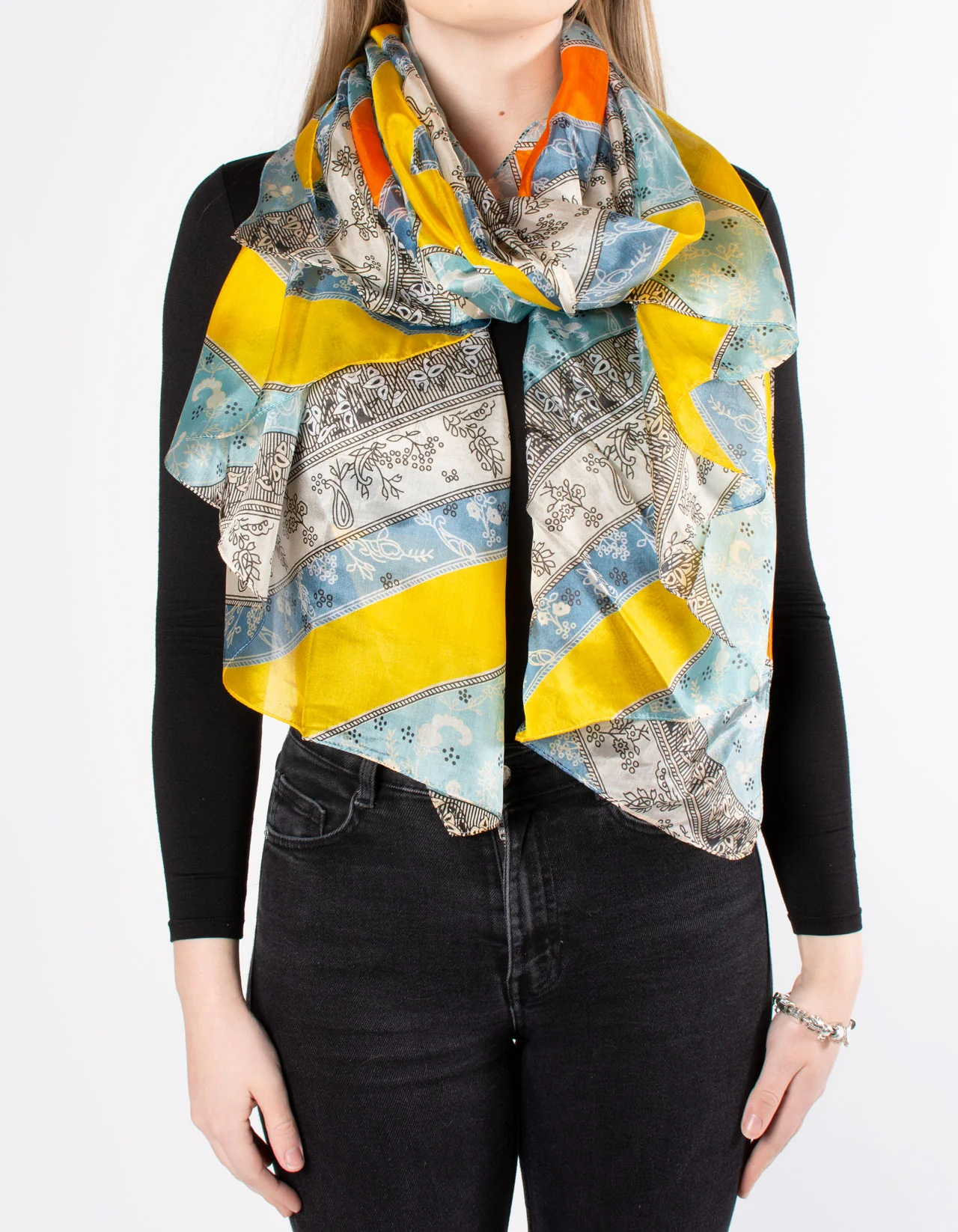 Blue & Yellow Printed Triangle Silk Scarf