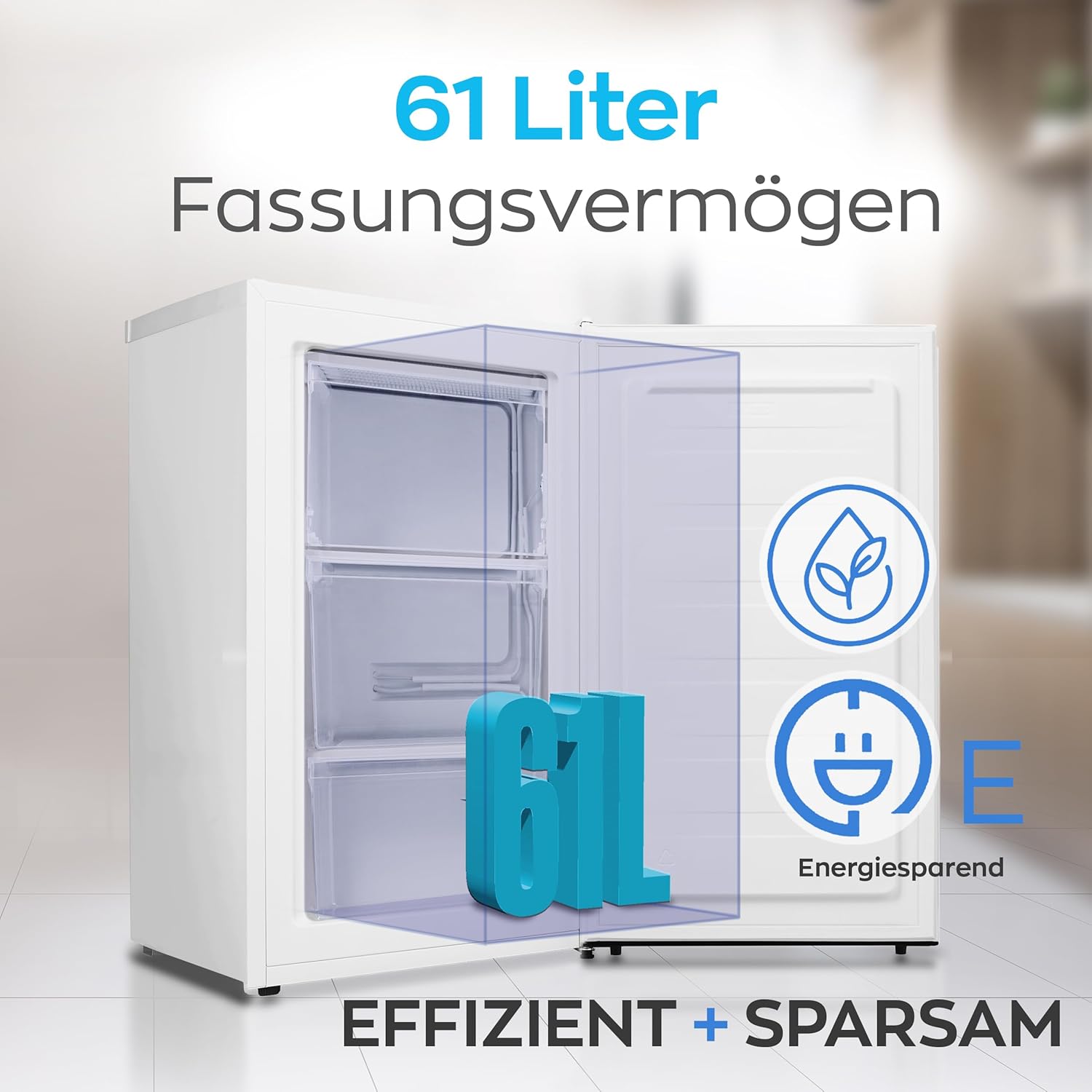 Heinrich´s Gefrierschrank 61Liter -18°C Freezer, 3x Gefrierschublade, 7 Stufen Temperaturregler, Airflow, wechselbarer Türanschlag weiß