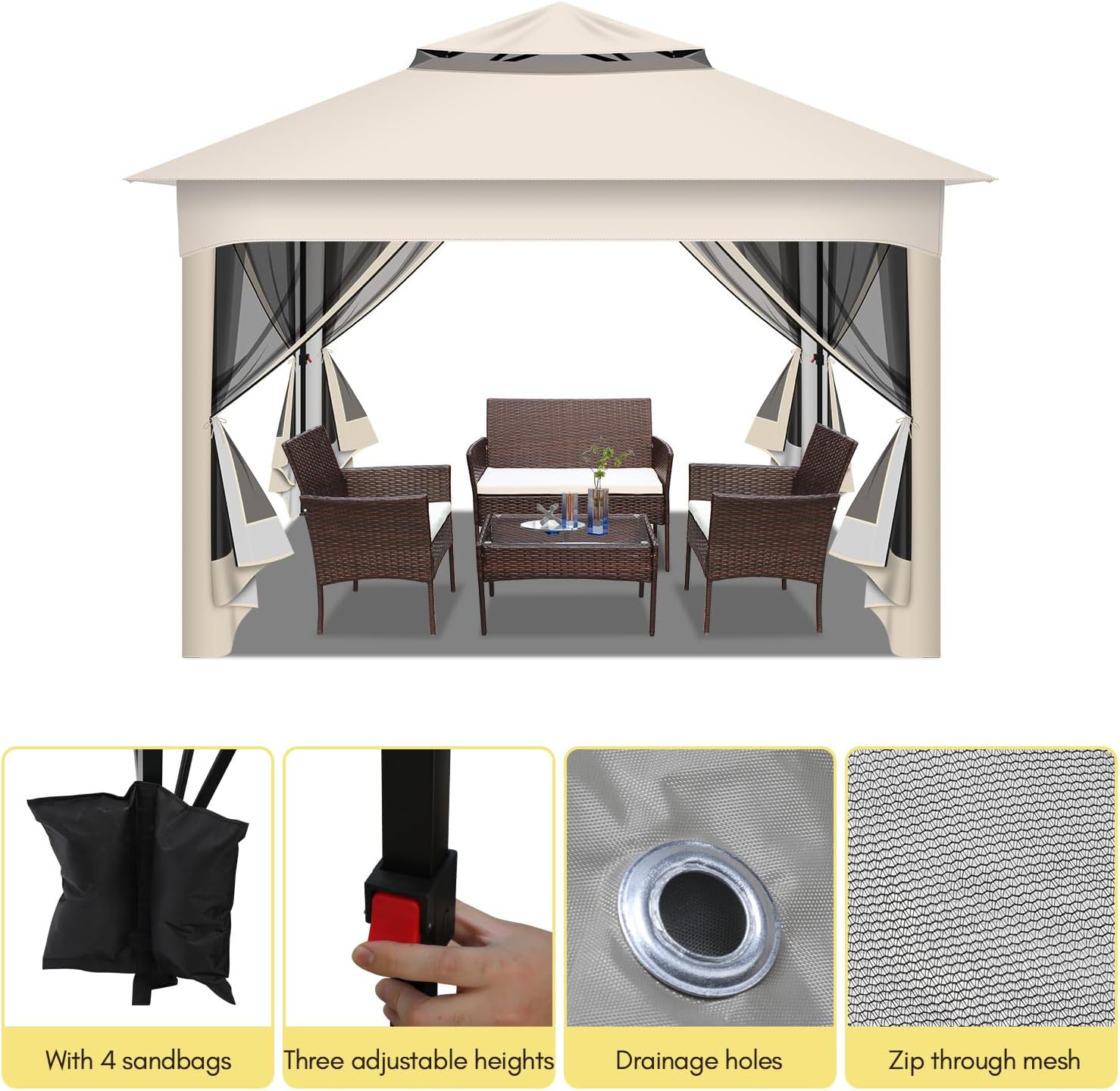 Gartenpavillon 3x3m Wasserdicht UV-beständig, Pavillon mit 4 Seitenteilen, Höhenverstellbar, Stabil Partyzelt mit Sandsäcken & Tragetasche mit Rädern für Garten Party Camping, Beige