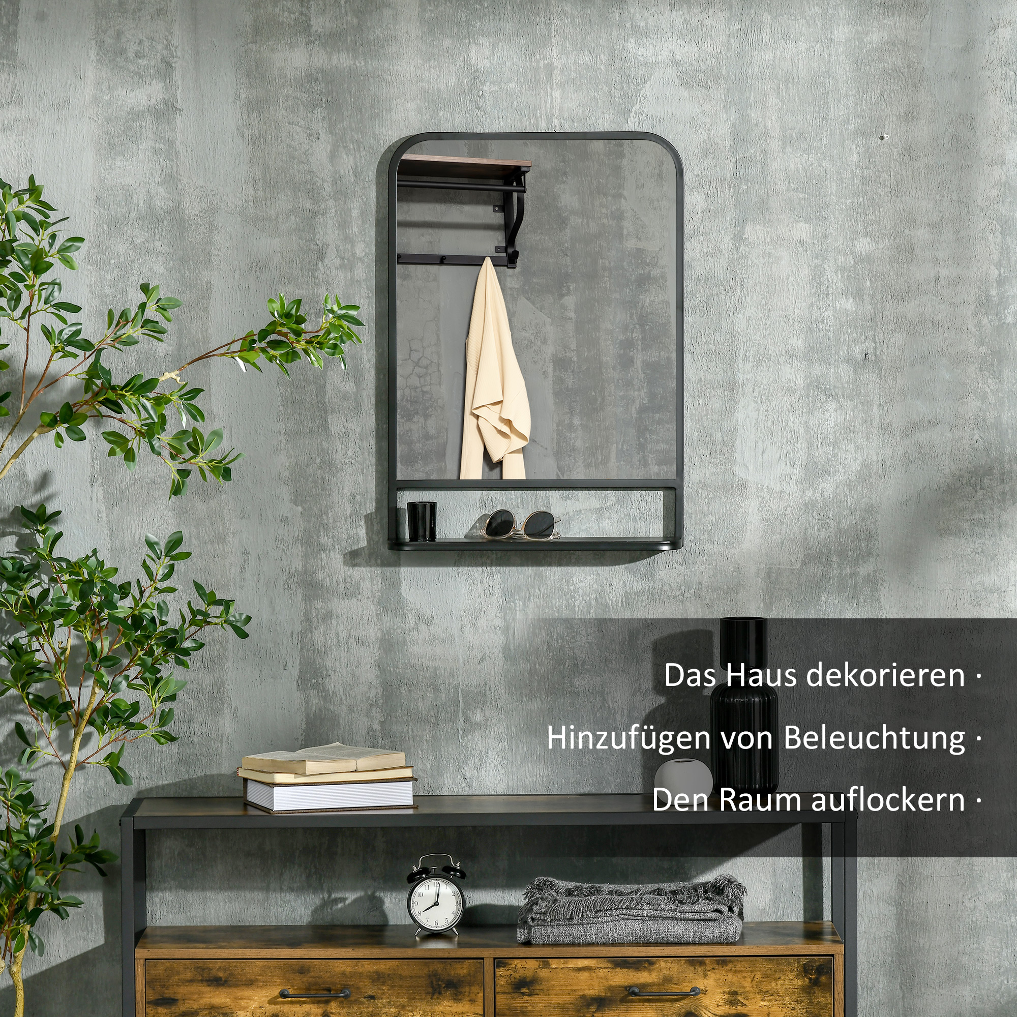 wandspiegel met metalen frame, afgeronde hoeken, 1 plank 70 cm x 10,2 cm x 50 cm zwart + zilver