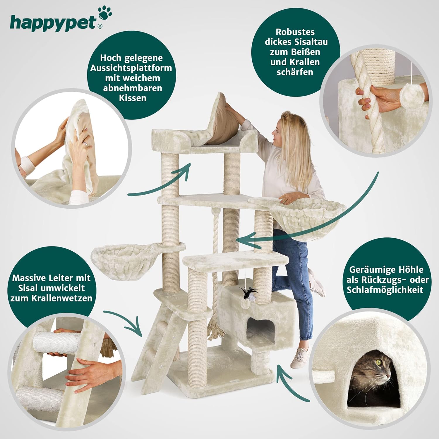 HAPPYPET Kratzbaum große Katzen XXL Jacob - Katzenbaum Deckenhoch, Stabil und Massiv mit Sisalsäulen und Dicker Bodenplatte, Ideal für Schwere Rassen