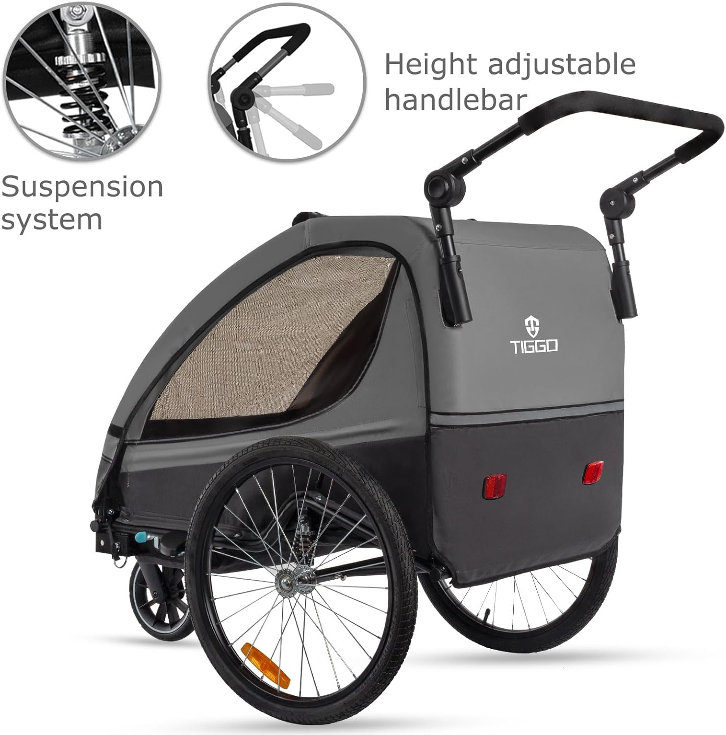 Tiggo VS Kinderanhänger 360° Drehbar mit Federung 2in1 Fahrradanhänger mit Buggy Set Jogger 5-Punkt Gurt Fahrrad Anhänger für 1 bis 2 Kinder max. 40kg