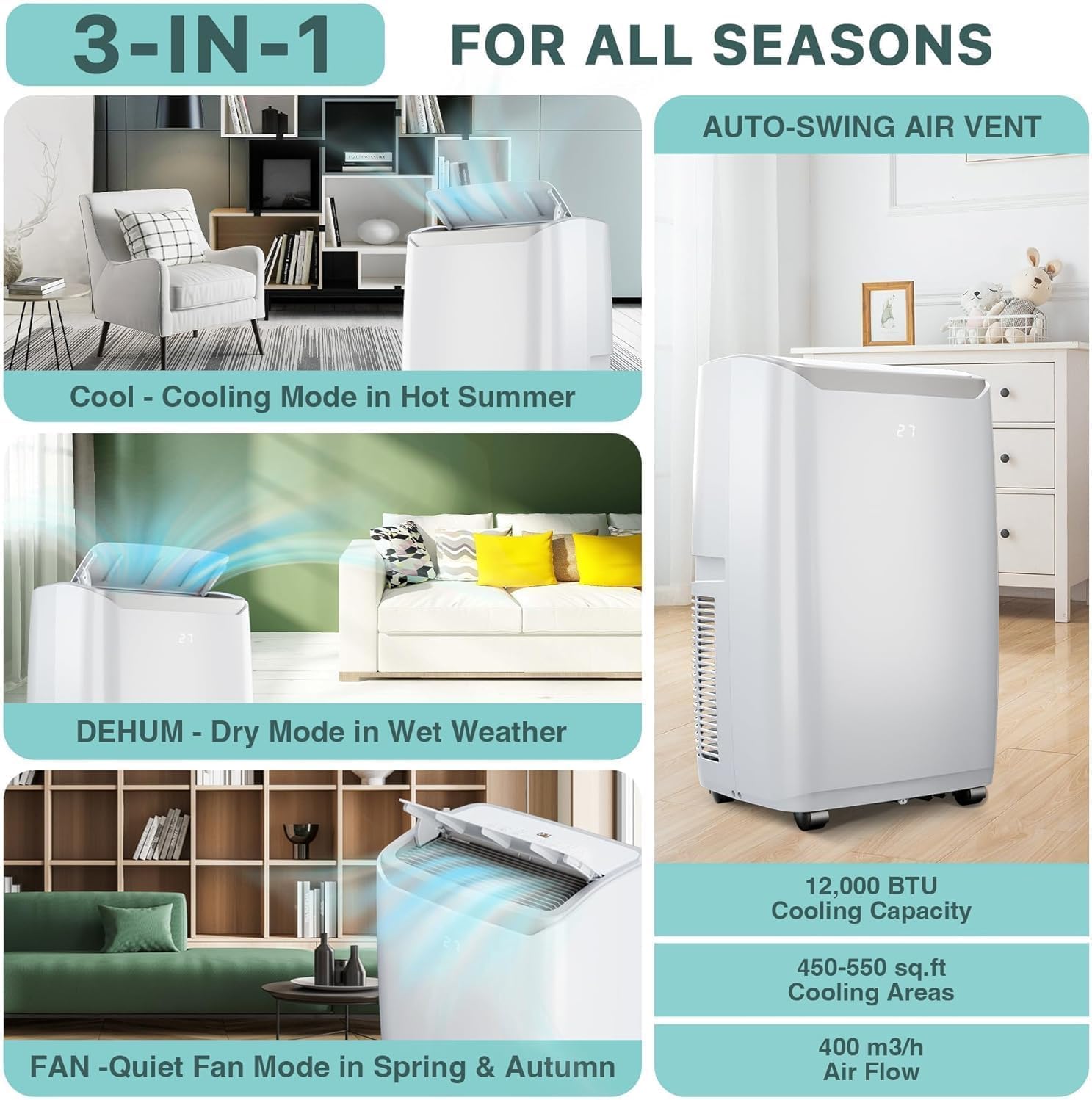 Tragbare Klimaanlagen, 12000 BTU Tragbarer AC für Räume bis zu 550 Sq.Ft, 3-in-1 AC mit schneller Kühlung, Luftentfeuchter & Drei-Geschwindigkeits-Lüfter, 24H Timer/Fernbedienung/Ultra Leise für