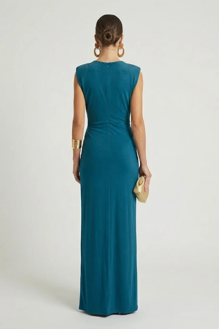 Damen Maxikleid mit V-Ausschnitt | ?rmelloses Abendkleid bodenlang mit vertikaler Plissierung f��r festliche Anl?sse