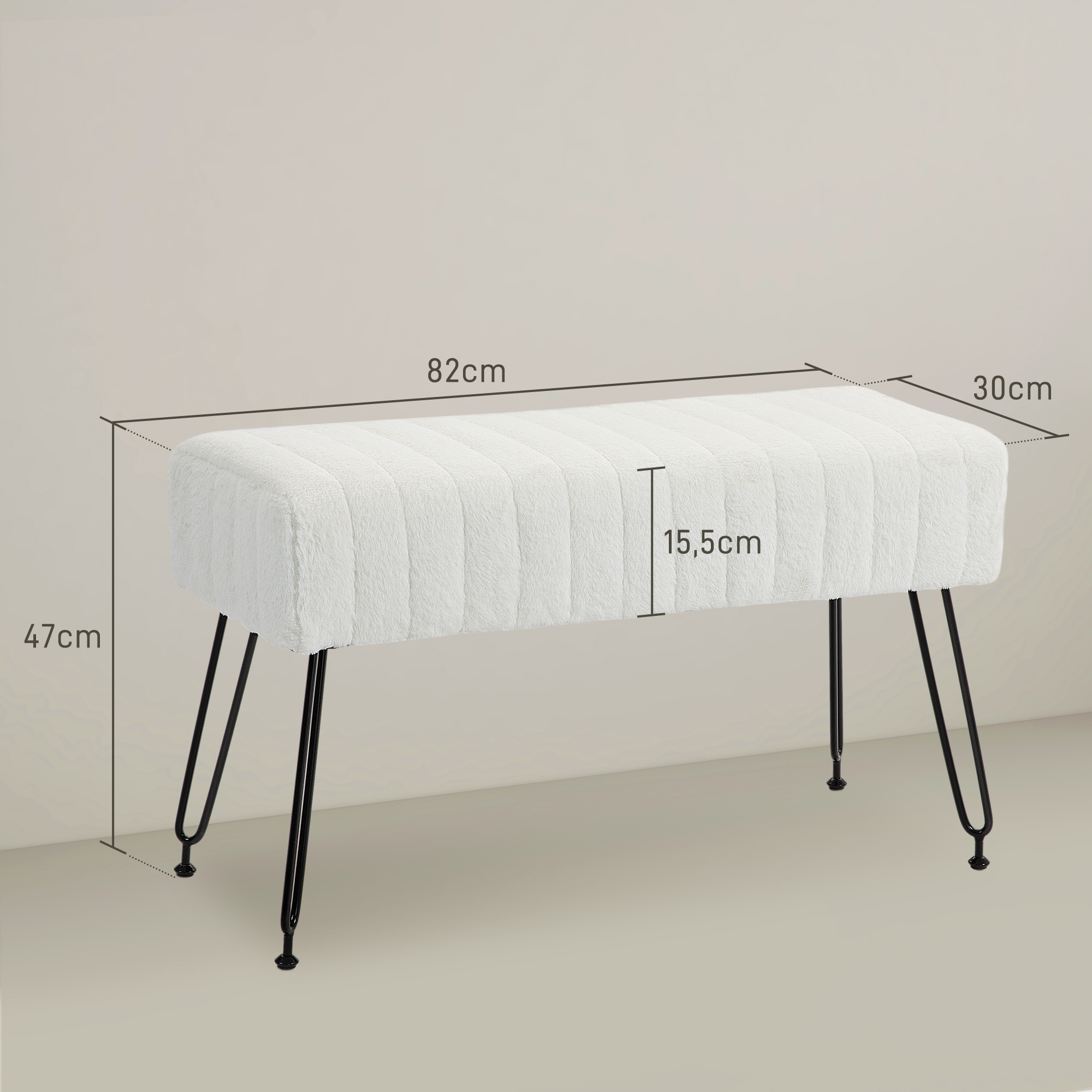 Zitbank, Gestikte Zitting, Kunstbontbekleding, Metalen Poten, tot 120 kg, 82x30x47 cm, Cr��mewit/Zwart