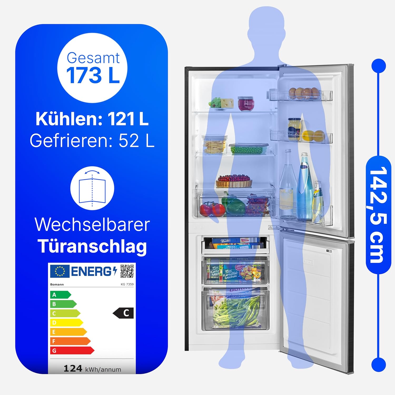 Bomann® Kühlschrank mit Gefrierfach | Energieklasse C | 143cm | Kühl Gefrierkombination leise 40 dB | 3 Ablagen & 2 Schubladen | Türanschlag wechselbar | 173L Kühlgefrierkombi | KG 7359 schwarz-inox