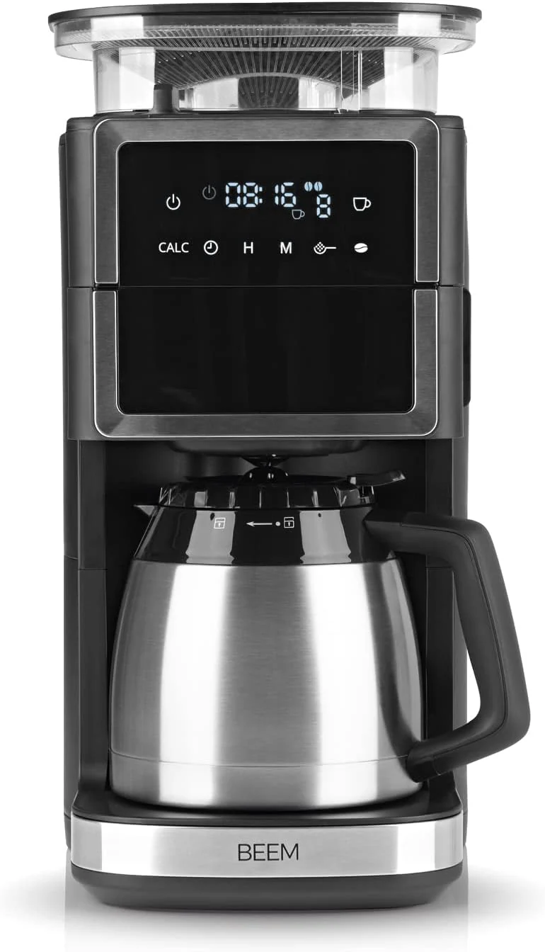 BEEM FRESH-AROMA-PERFECT III Filterkoffiezetapparaat met maalwerk - Duo | Met thermos- & glazen kan | Aroma-Plus-functie | 24-uurs timer | 1000 W | voor maximaal 10 kopjes [roestvrij staal]
