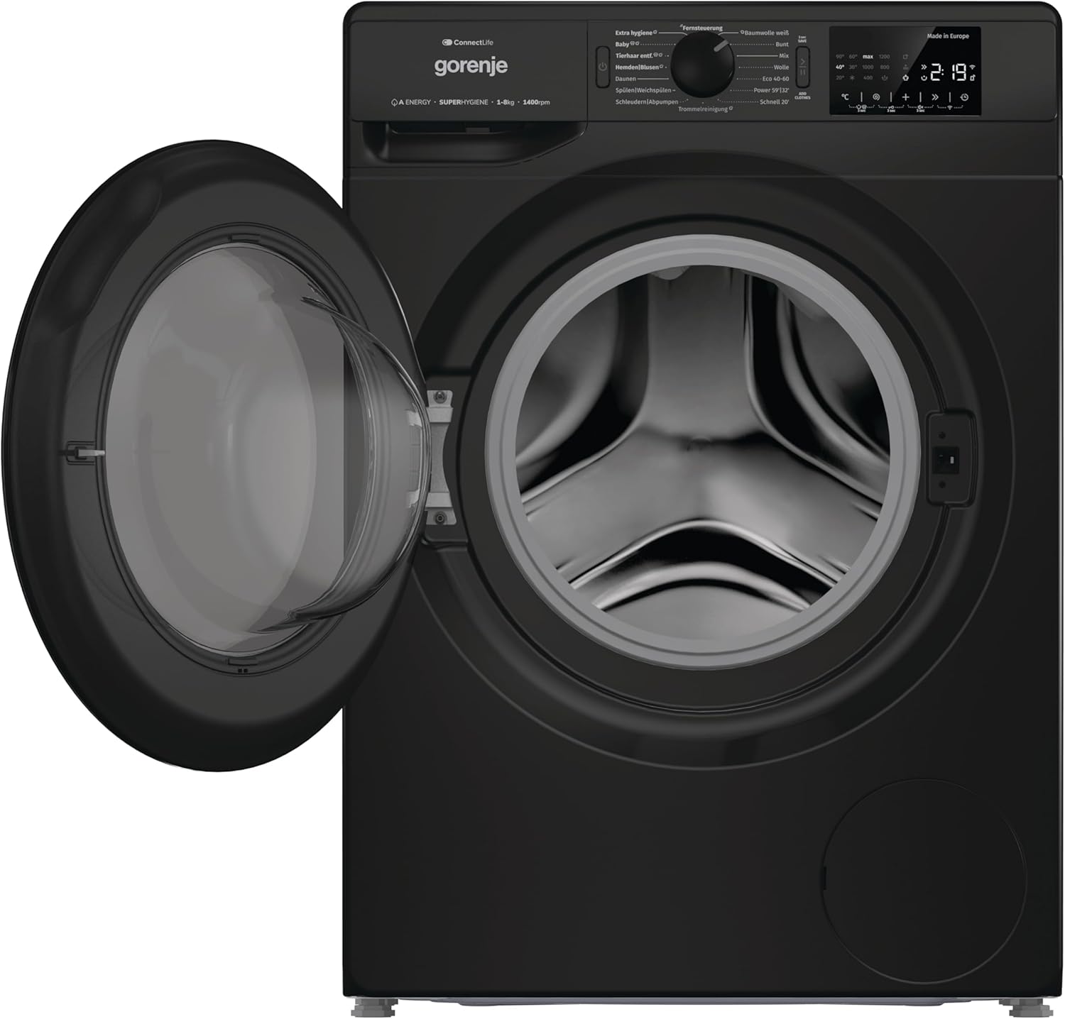 Gorenje WPNEI84A1DTSB Waschmaschine mit Dampffunktion/ConnectLife / 8Kg / 1400 U/min / 15 Programme/Totaler AquaStop/Wave Active Trommel/ExtraHygiene/PowerWash/Schnell Waschgang/EEK: A-10%
