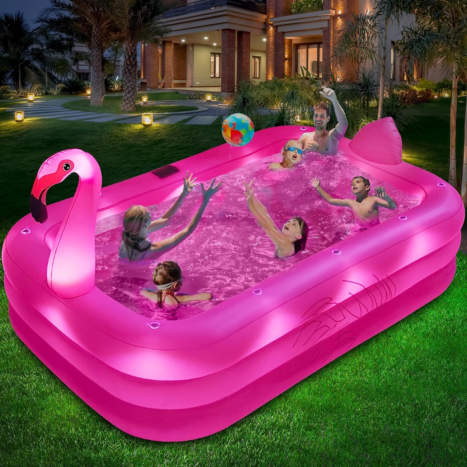 Inflatable Pool with Lights, Solar Flamingo Swimming Pool for Kids,Adults Inflatable Blow up Pool, Large Kiddie Pool, Durable Thickened Inflatable Family Pool for Backyard,Outdoor,105