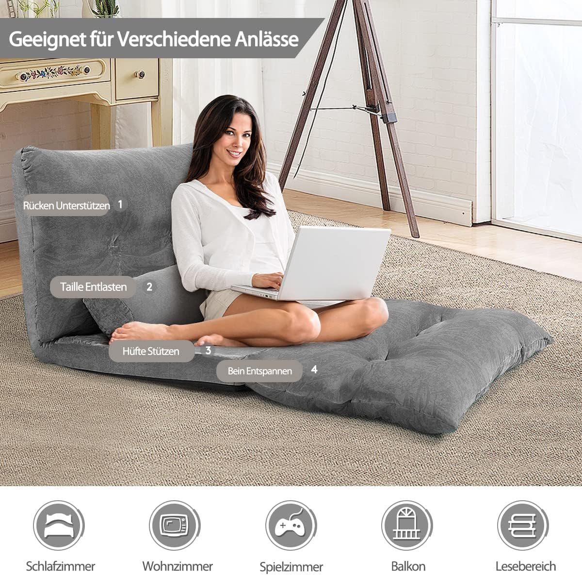 COSTWAY Klappbares Bodensofa, 3 in 1 Schlafsofa mit Schlaffunktion und Verstellbarer Rückenlehne, Sofabett mit 2 Lendenkissen, Klappsofa für Wohnzimmer & Schlafzimmer (Grau)