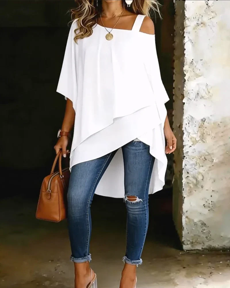 Asymmetrische Tunika Damen mit Cold Shoulder Ausschnitt | Locker fallendes Oberteil im Lagenlook mit weichem Fall