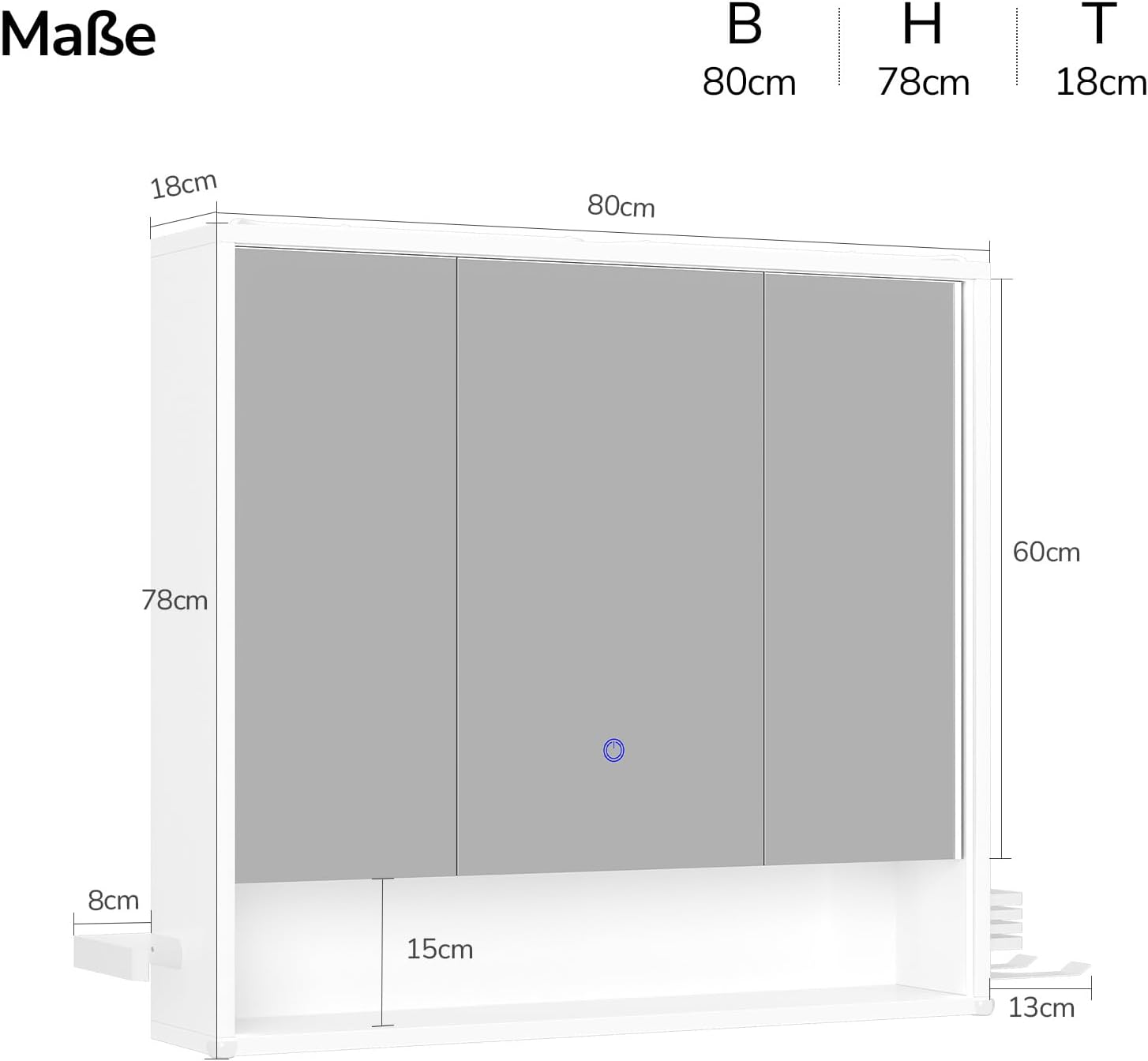 3-türiger Badspiegelschrank 80 cm breit mit LED-Beleuchtung, Steckdose & Touch-Sensor, 3 Lichtfarben dimmbar – inkl. Föhnhalter, Handtuchhalter & 4 verstellbaren Einlegeböden – Weiß