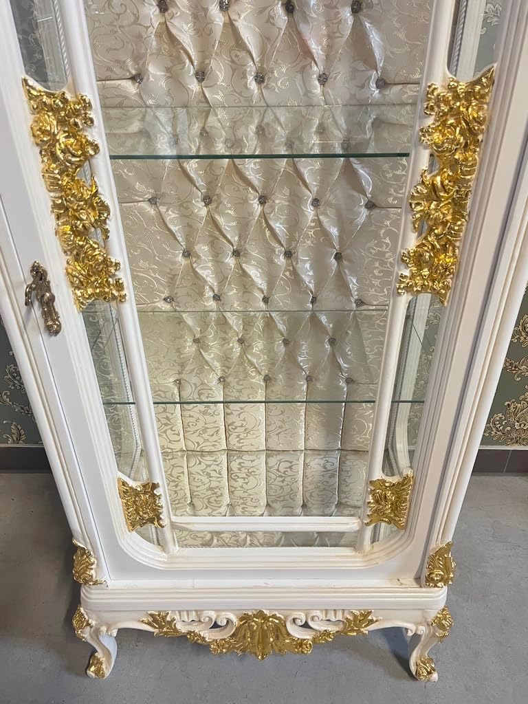 CasAmin Home & Living Baroque Style Display Cabinet: White Wood & Gold Leaf Showcase