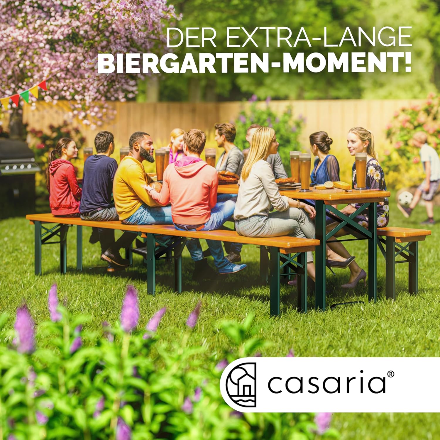 Casaria® Bierzeltgarnitur 220 cm Klappbar Stabil 3 Teilig 2X Bierbank 1x Breiter Tisch Holz Biertischgarnitur Festzeltgarnitur Biergarten Biergarnitur