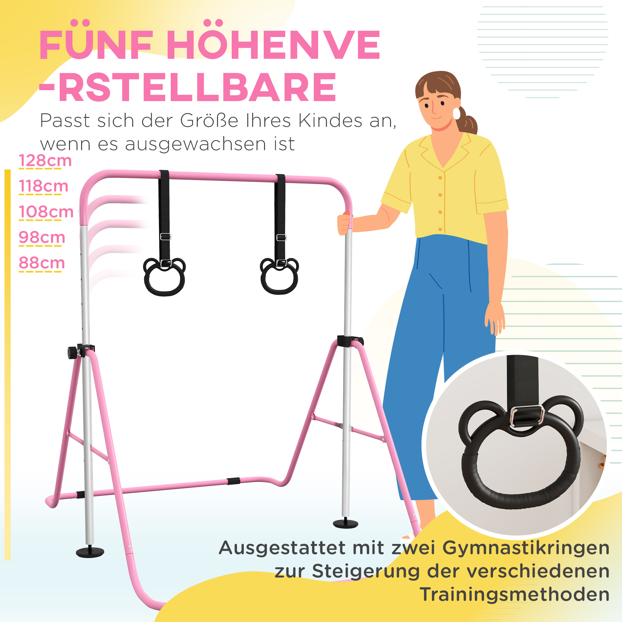 Kinderturnbar met Ringen, Hoogteverstelbaar, Opvouwbaar, Antislip, Stalen Frame, 148x105x88-128 cm, Roze