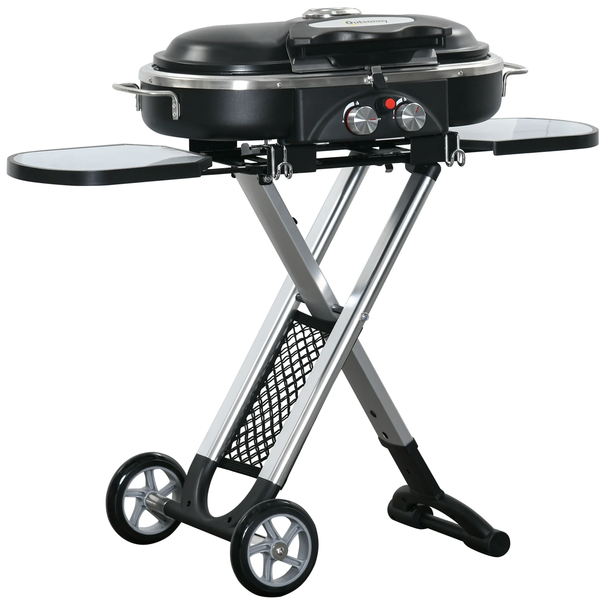 Outsunny Grillkar, inklapbaar, opbergrek, vetopvangbak, roestvrij, aluminium, 100 x 41,6 x 82,5 cm, zwart/zilver
