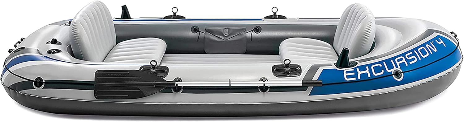 INTEX Excursion Inflatable Boat Series: Includes Deluxe 54in Boat Oars and High-Output Pump ?C SuperTough PVC ?C Adjustable Seats with Backrest ?C Fishing Rod Holders ?C Welded Oar Locks