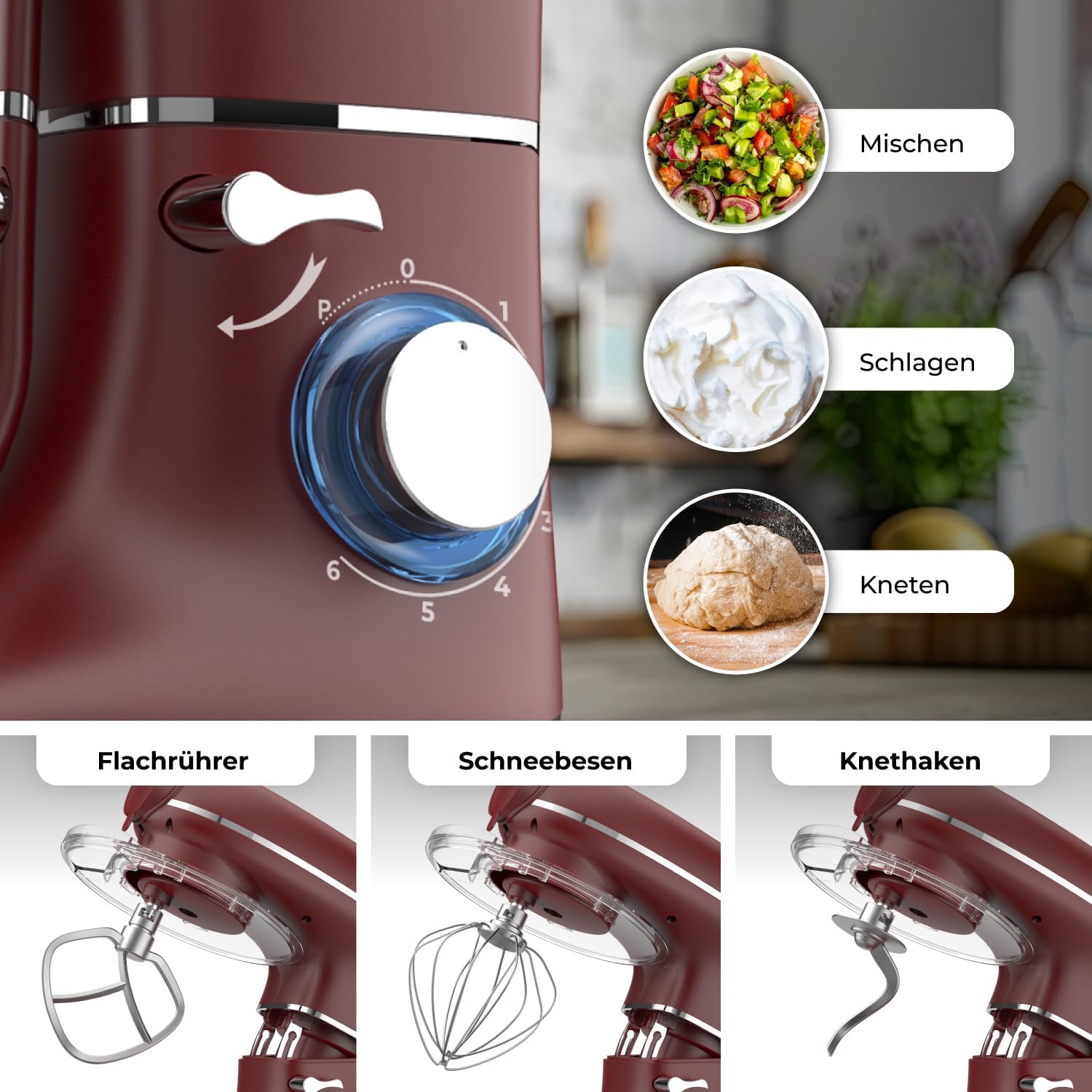 6-in-1 Küchenmaschine – 2000W – Mit Fleischwolf, 1,5L Entsafter, Gemüseschneider und Mehr – Knetmaschine mit 6,2L Rührschüssel, Rührhaken, Knethaken, Schlagbesen und Spritzschutz (Rot)