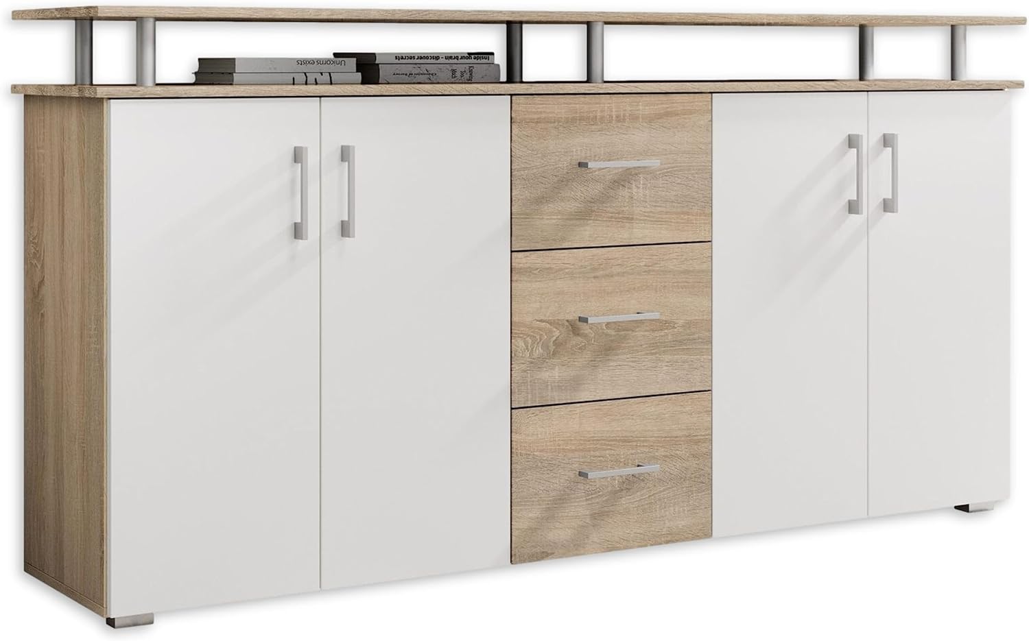 Stella Trading Highboard mit Ablage in Eiche Sonoma Optik, Weiß - Moderner Wohnzimmerschrank mit Schubladen und viel Stauraum für Ihren Wohnbereich - 178 x 90 x 38 cm (B/H/T)