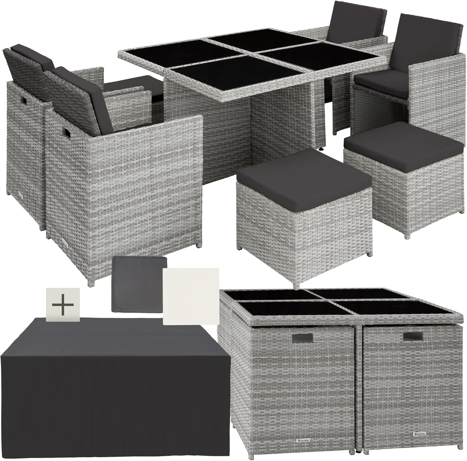 tectake® Lounge Möbel Set 4X Stühle, 4X Hocker, 1x Tisch, platzsparende Cube Aufbewahrung, Outdoor Rattan Gartenmöbel für Balkon, Garten und Terrasse, mit Abdeckung und Wechselbezügen - hellgrau