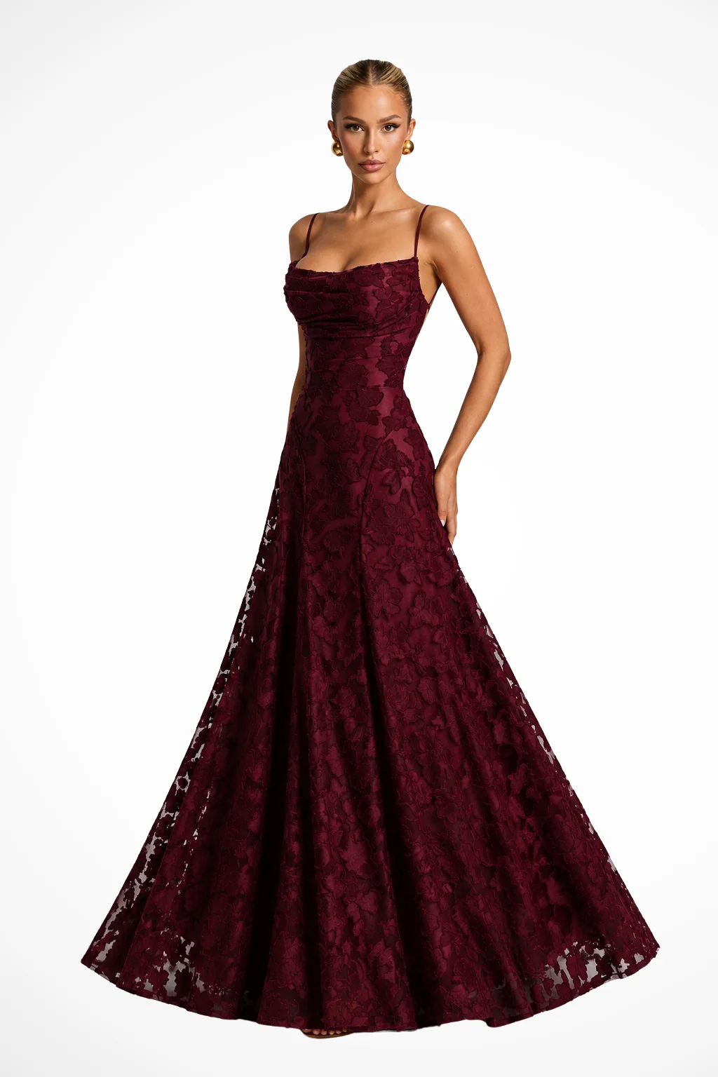 Maxikleid f��r Hochzeitsg?ste mit Wasserfallausschnitt und Blumenspitze | Festliches langes Abendkleid f��r Damen und feierliche