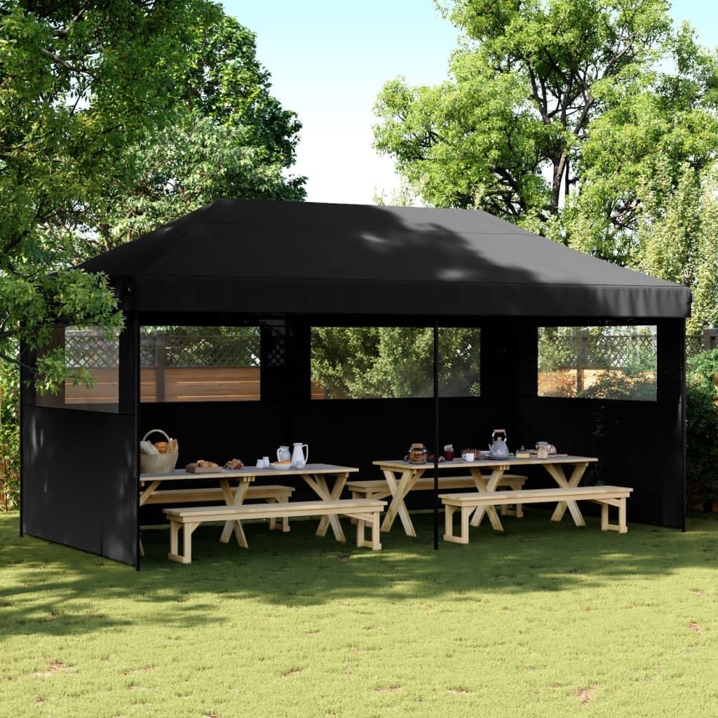 Partyzelt Faltbar Pop-Up mit 3 Seitenteilen Schwarz Pavillon für Hochzeit Festival Party, Faltzelt Faltpavillon Stahlgestell, Gartenpavillon