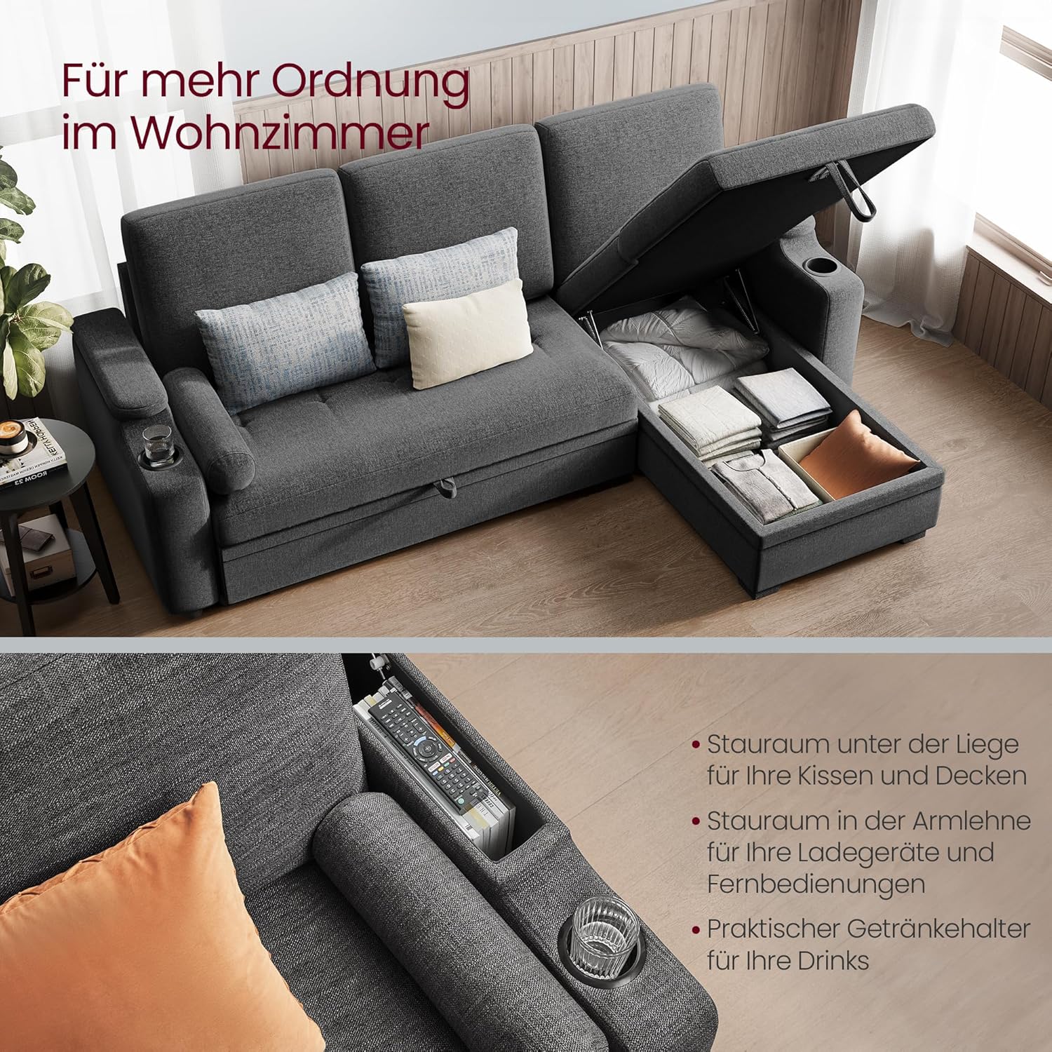 VASAGLE Schlafsofa, Schlafcouch, Bettsofa mit Stauraum, Polstermöbel, Bezug aus Baumwoll-Leinen-Mischgewebe, Becherhalter, modern, Gästezimmer, grau LCS801G01