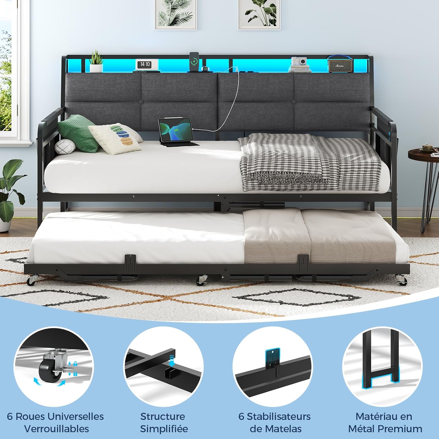Brinlawb Schlafsofa mit Ausziehbett, Tagesbett 90x200(180x200) cm, Tagesbett Ausziehbar mit LED Beleuchtung und Ladestation (2 AC-Steckdosen, 2 USB-Anschlüsse) Einzelbett und Doppelbett, Gästebett