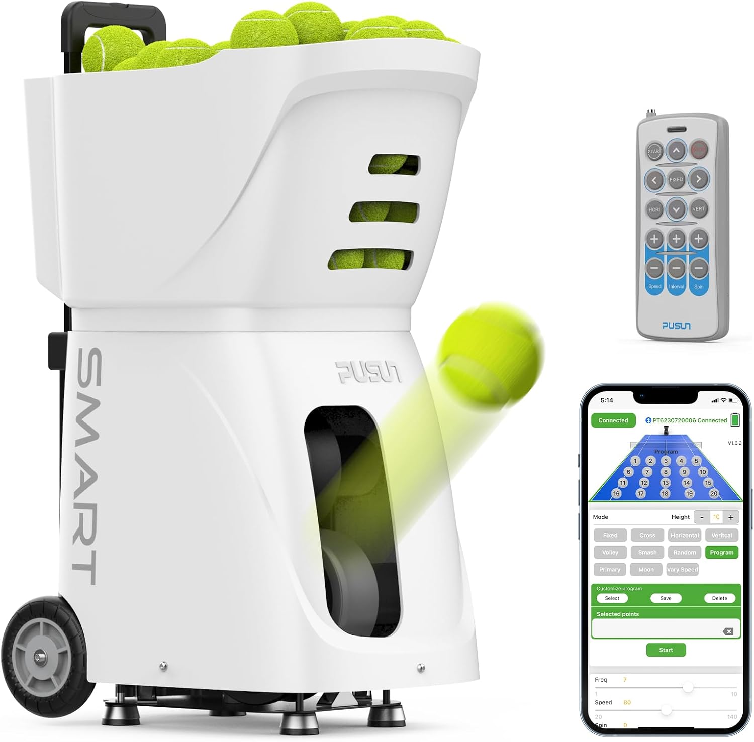 PT-SMART Tennisballmaschine - Profi Ballwerfer mit APP-Steuerung (App für Watch), 20 Landepunkte & 12 Modi, Smart Tennis Trainer für alle Spielniveaus (4-6 Std. Laufzeit)