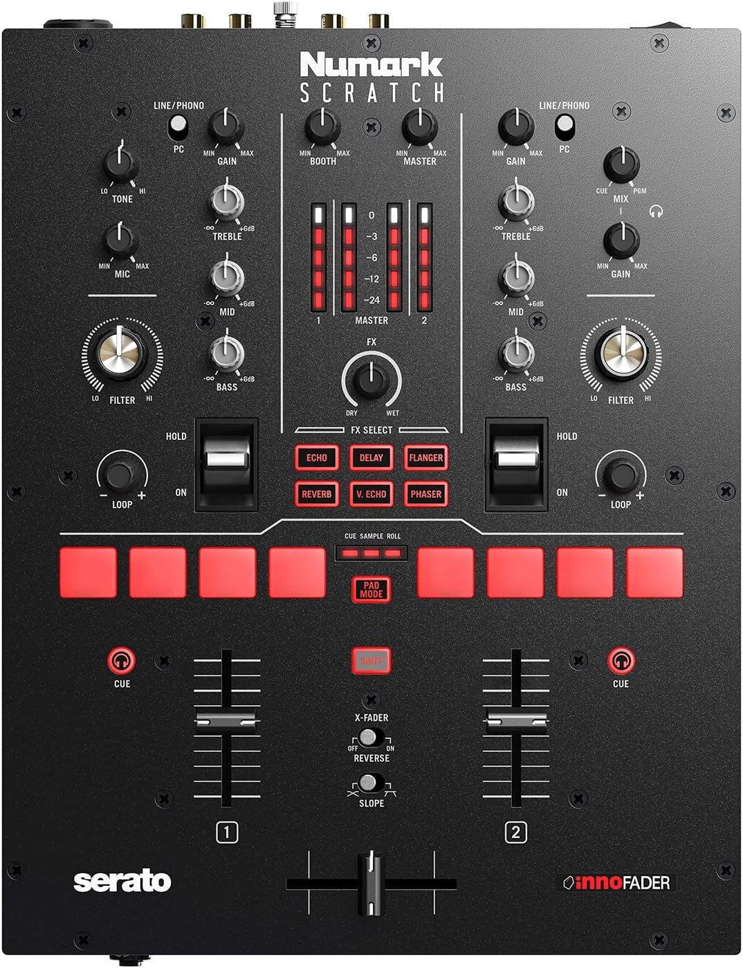 Numark Scratch - Zweikanal DJ Scratch Mixer mit Serato DJ Pro, Innofader Crossfader, DVS-Lizenz, 6 Direktzugriffseffektw?hlern und Performance Pads
