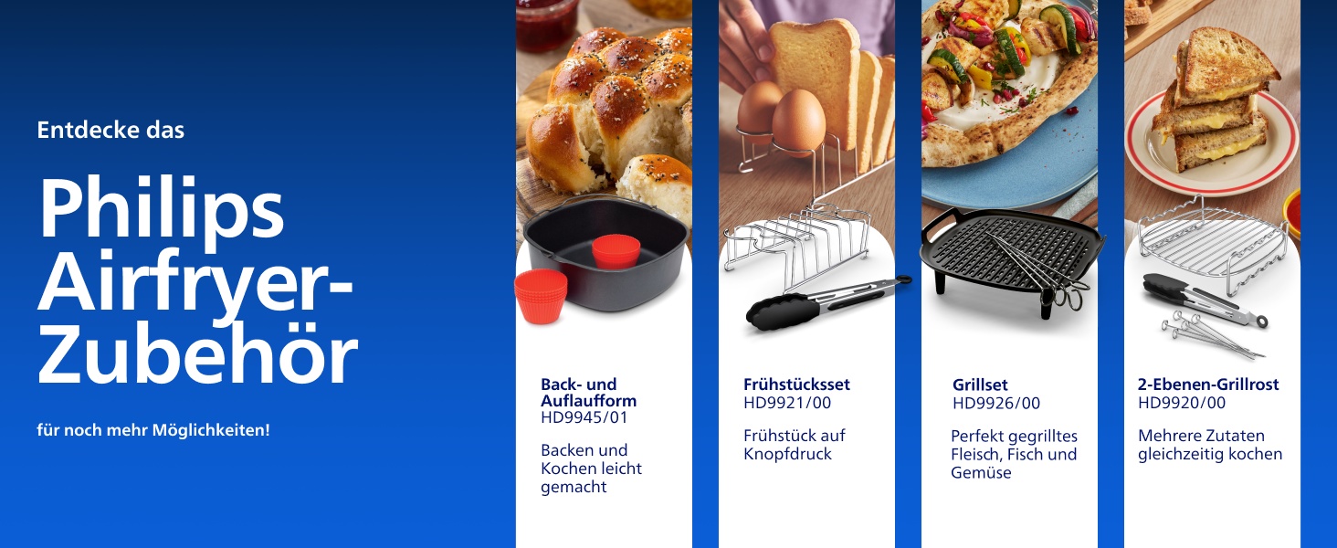 Der Text lautet „Entdecke die Philips Airfryer-Zubehör“. Vier Zubehörprodukte für Philips Heißluftfritteusen werden im blauen Layout im Katalogstil mit Produktbildern und technischen Daten angezeigt.