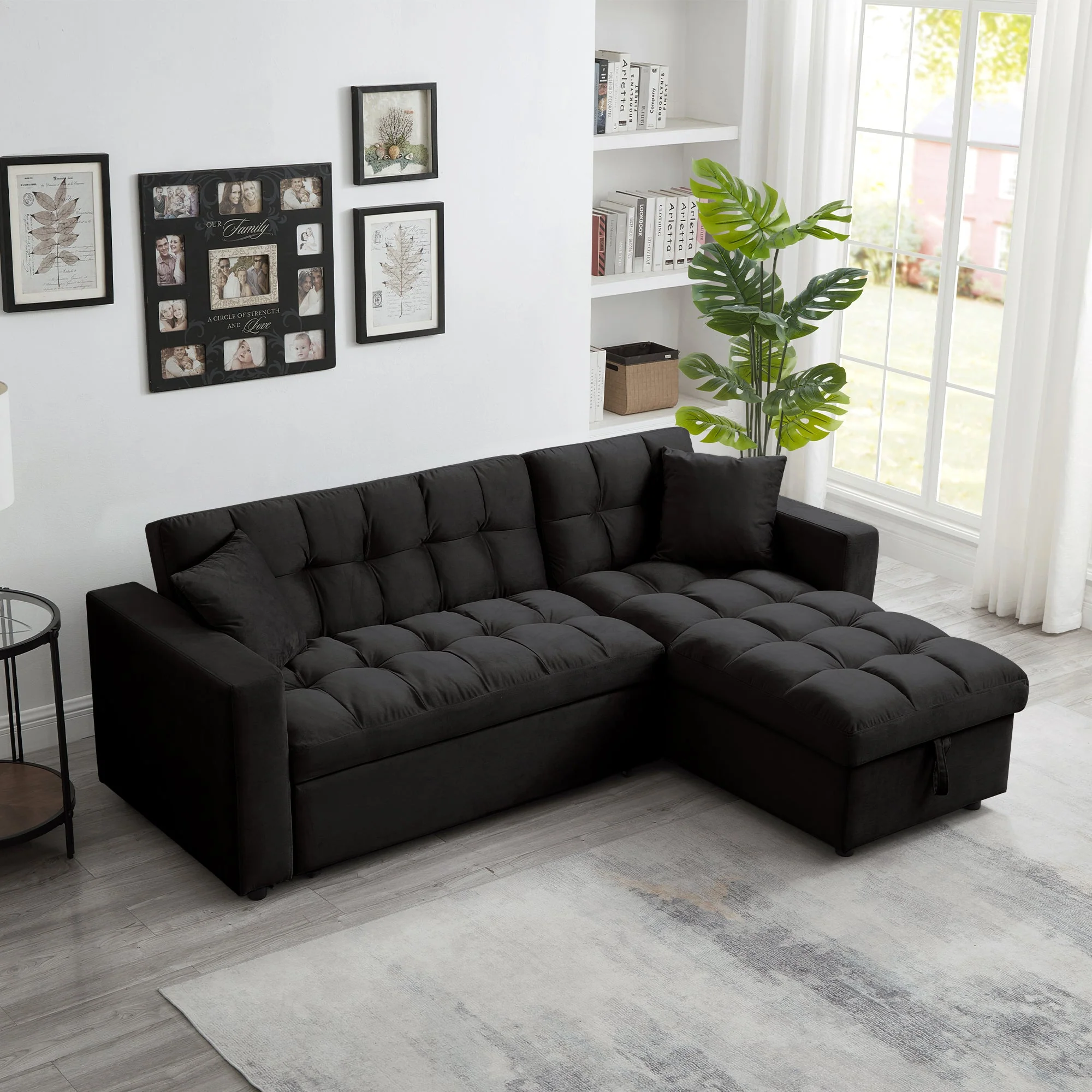 2025 Luxe Velvet Hoekbedbank met Kussen | Rechthoekige Chaise, Uittrekbaar Bed en Opbergruimte ?C SKU: BT2480B