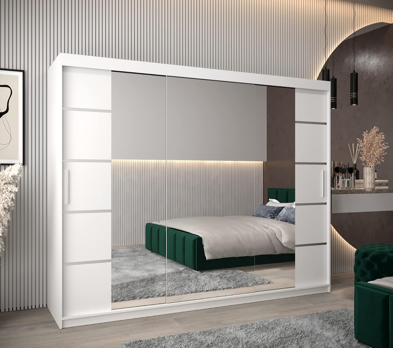 ABIKSMEBLE Verona 4 250 Armario de Dormitorios con Tres Puertas Correderas - Armario de Almacenamiento Moderno con Espejo, Perchero y Estantes - 250x200x62 cm - Blanco Mate