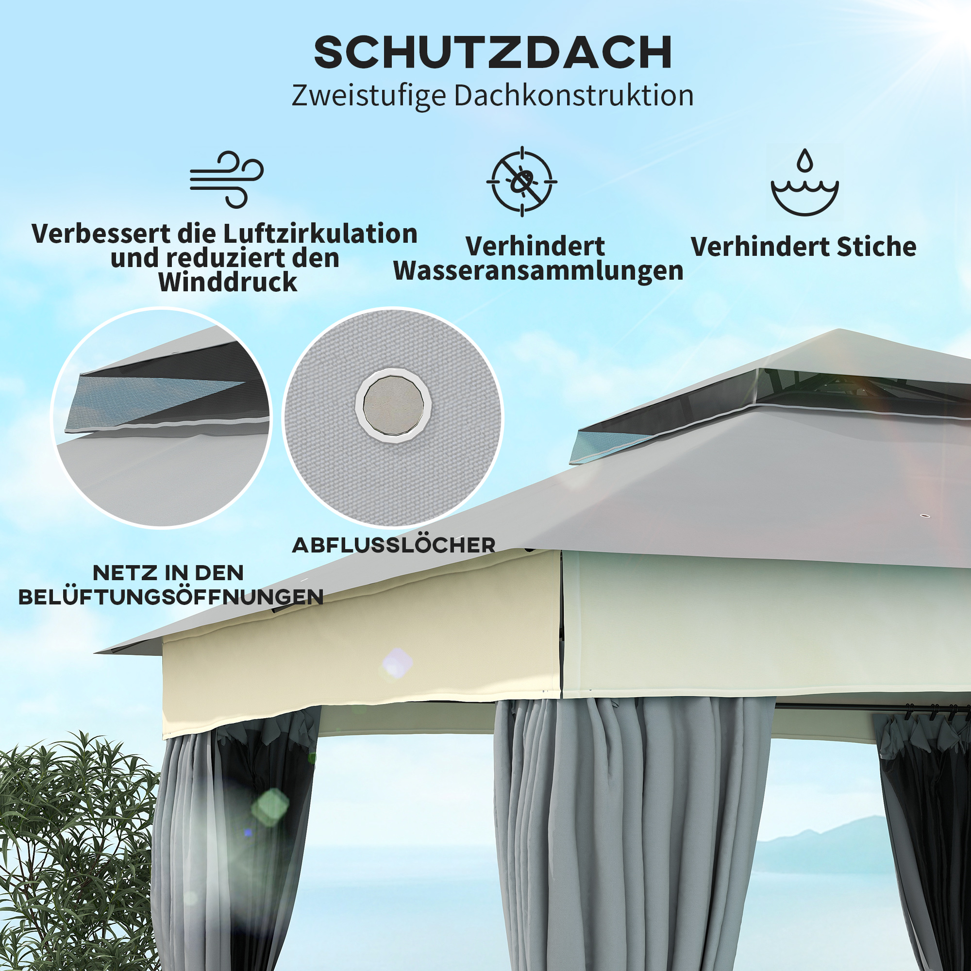 Paviljoen met Dubbel Dak, 3x3 m Waterafstotend en Stabiel Winterbestendig Tuinpaviljoen van Metaal - Donkergrijs