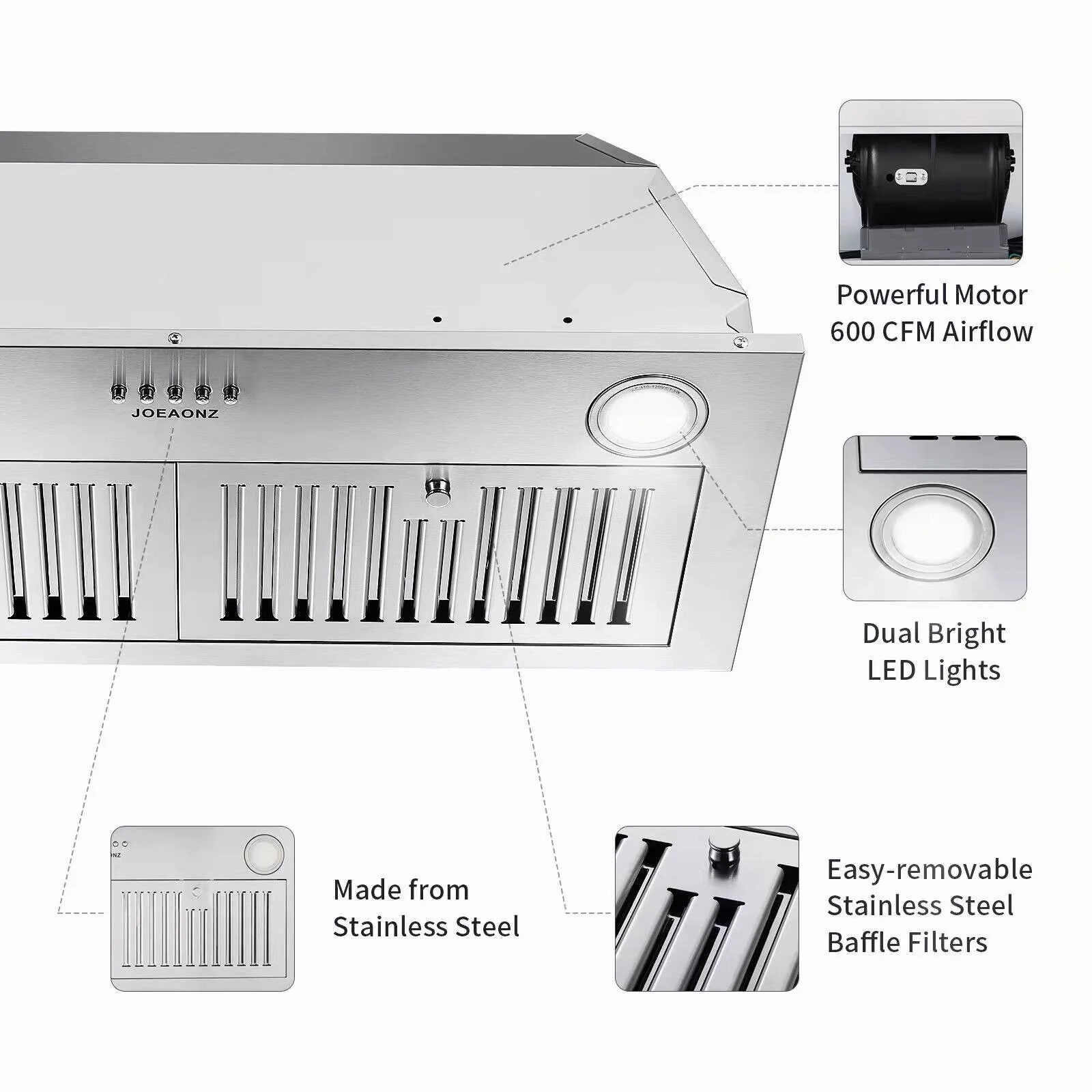 30 inch Inbouw-afzuigkap Zomagas van roestvrij staal, 600 CFM, met LED-verlichting