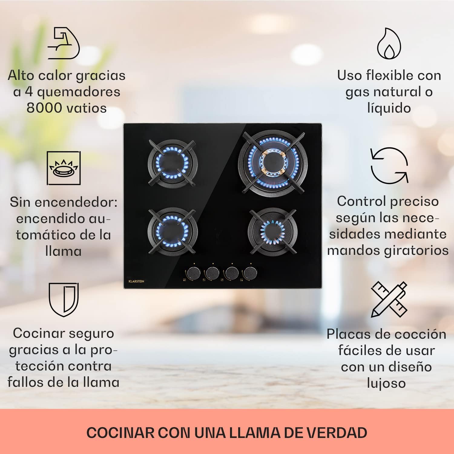 Klarstein Cocina de Butano, Placa 4 Fuegos 8000W, Vitrocerámica Integrada para Cocina, Encimera de Fogones con Base de Vidrio y Acero Inoxidable