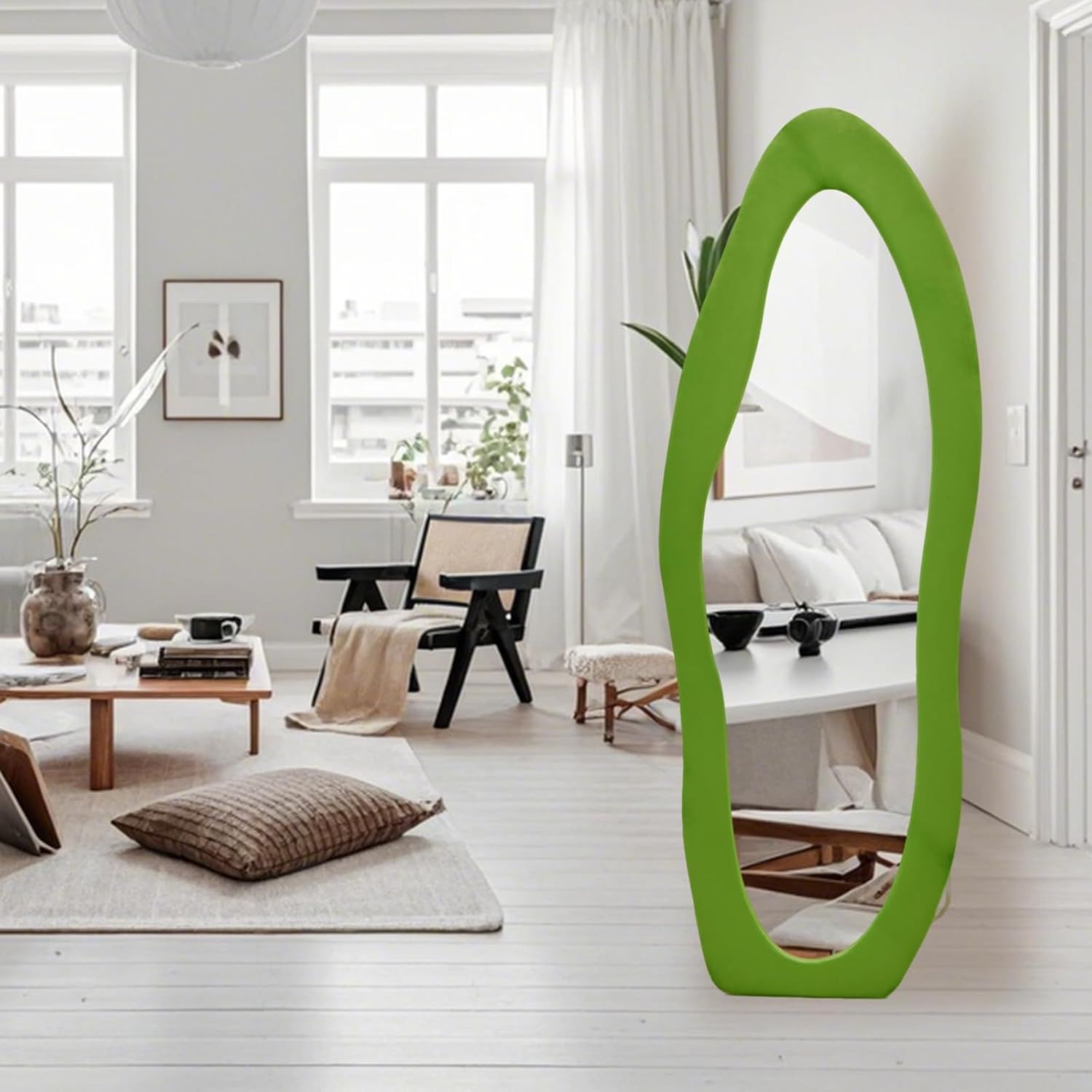 Cloud-Shaped Full Length Floor Mirror with Velvet Frame and Steel Stand