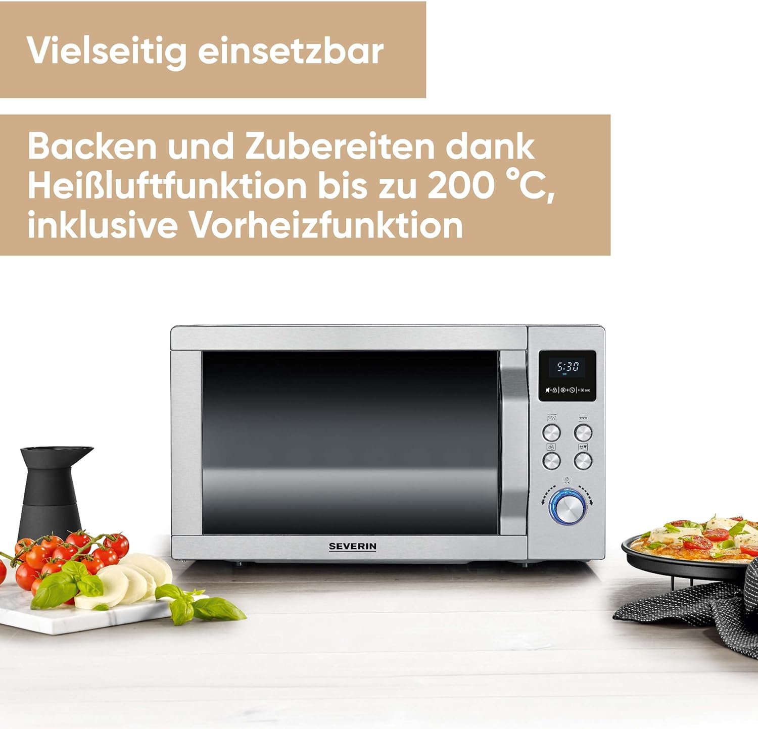 SEVERIN Mikrowelle mit Grill und Heißluftfunktion 3-in-1, zum Auftauen, Garen und Erhitzen, Mikrowelle mit Drehteller, Edelstahl-gebürstet/silber, MW 7774