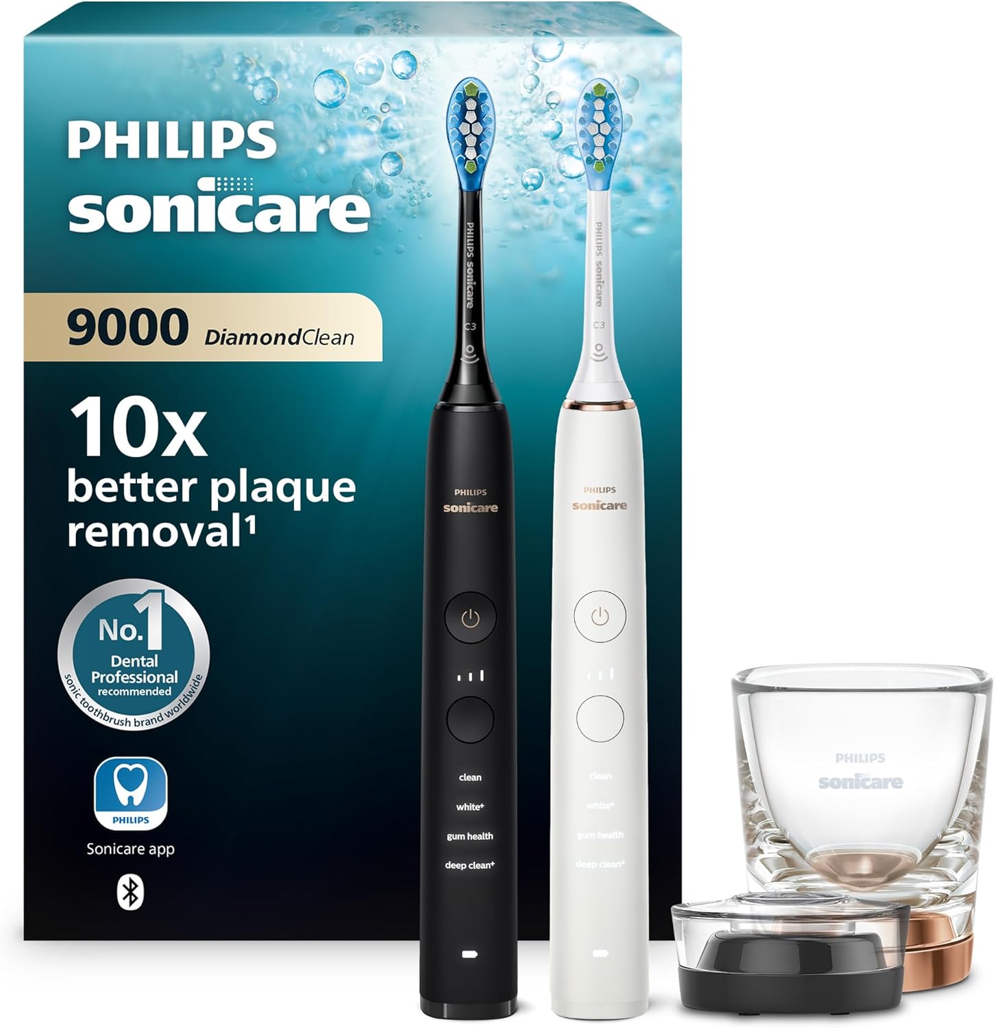 Sonicare DiamondClean 9000 elektrische Zahnbürste, Schallzahnbürste mit App, Andruckkontrolle, 4 Putzmodi, 3 Intensitätsstufen, Ladeglas, Schwarz und Roségold, Zweierpack, Modell HX9914/57