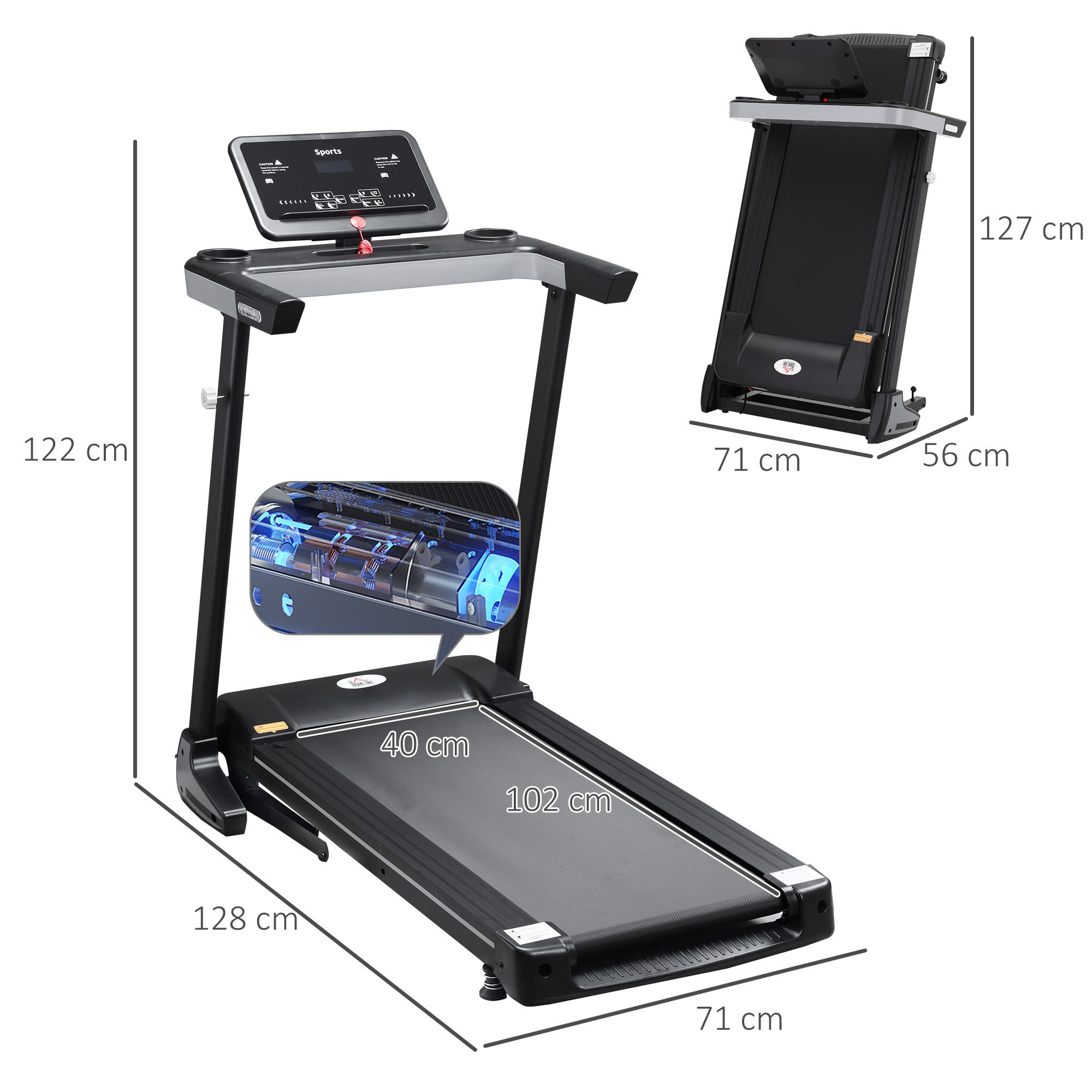Loopband opvouwbaar met 12 programma's en smartphonehouder 71 x 128 x 122 cm Staal Zwart