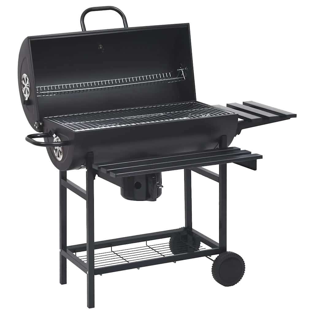 2025 Grill z kółkami i półkami, czarny, stalowy, 115 x 85 x 95 cm, grill zewnętrzny