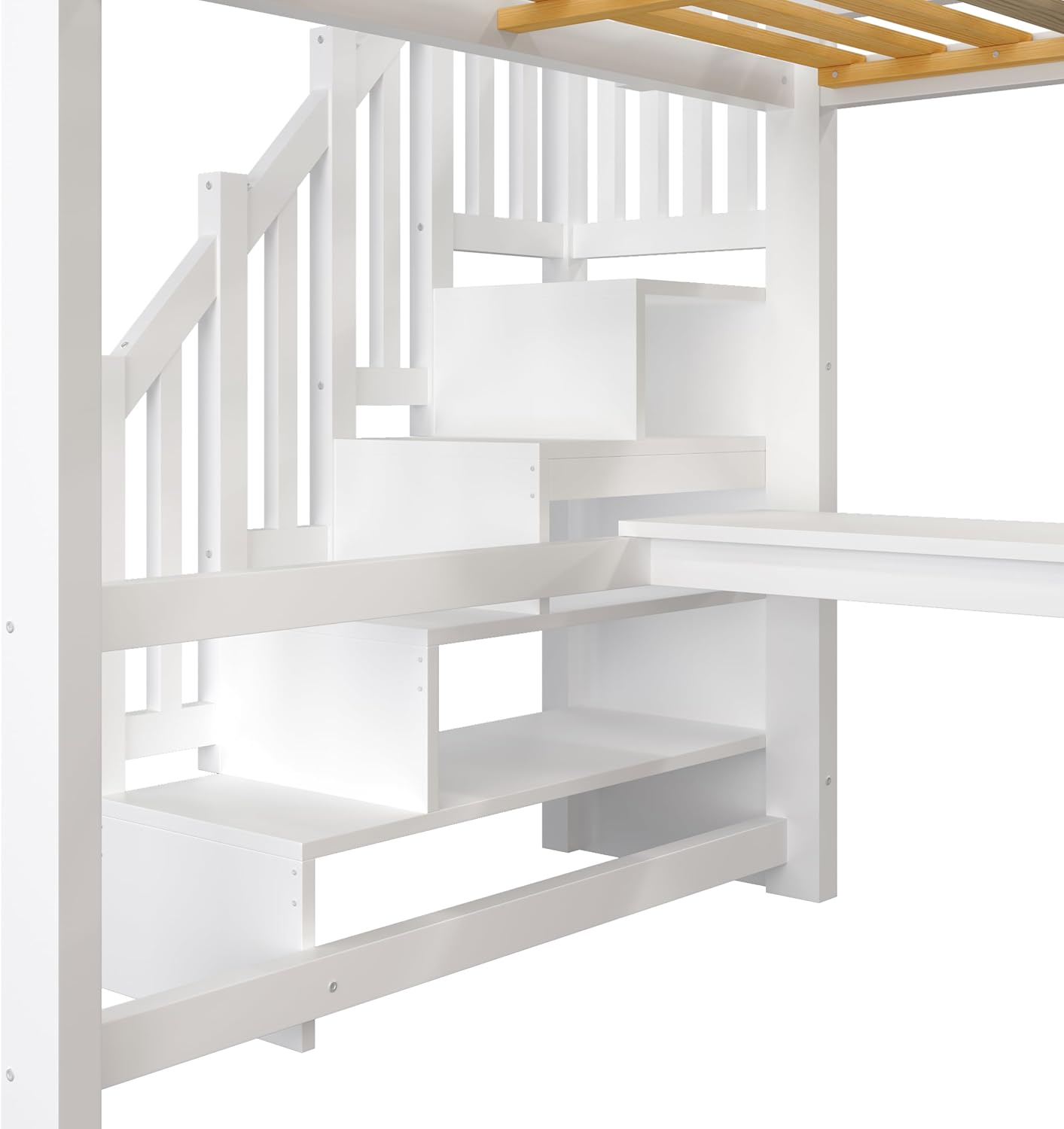 140x200 Hochbett mit Schreibtisch und Regal, Kleiderschrank, Stauraumtreppe, USB und LED-Leuchten, Weiß