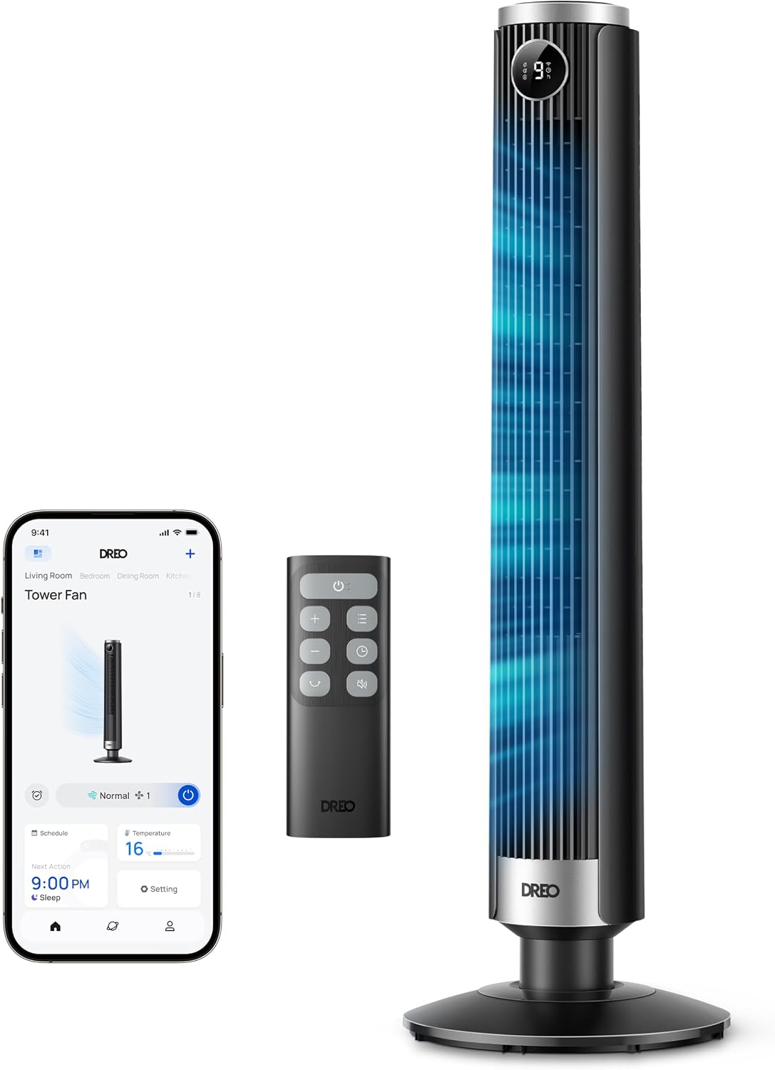 DREO Smart 102–114cm Turmventilator fürs Schlafzimmer, Höhenverstellbar, 8.4m/s, DC-Motor, 9 Stufen, 4 Modi, 90°-Oszillation, Standventilator, 20dB Leise, 12H Timer für Zuhause und Büro, Google/Alexa