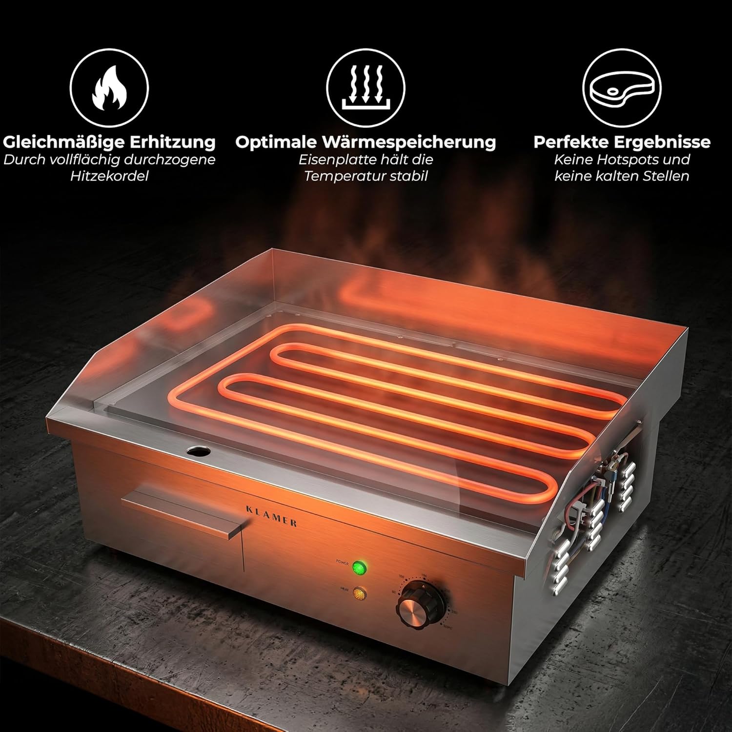 KLAMER Elektrogrill Edelstahl 3000W, XL Grillplatte 54,5x38,5 cm, Tischgrill Elektrisch 50–300°C, Eisengrillplatte, Spritzschutz, Auffangbehälter, Balkon & Gastronomie