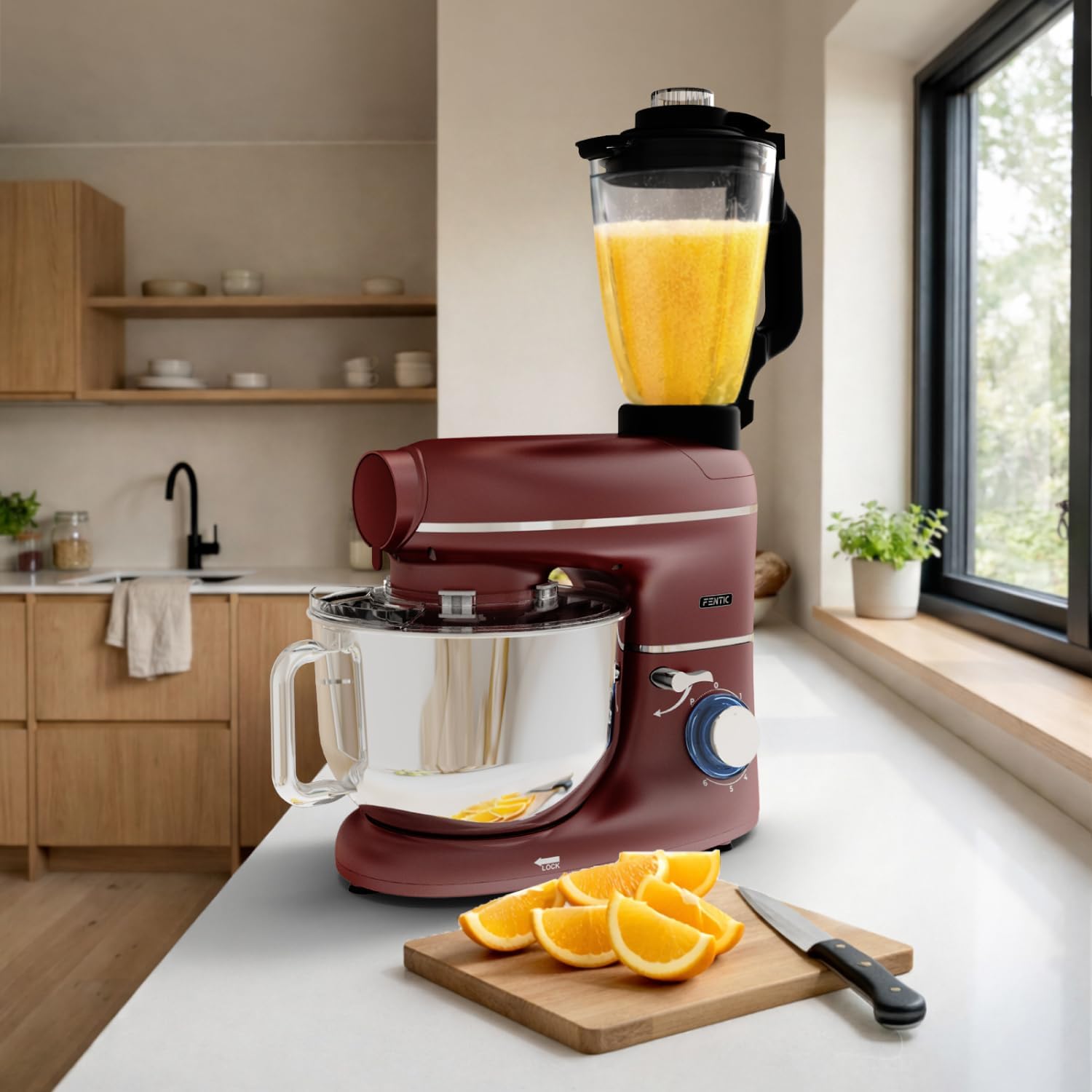 6-in-1 Küchenmaschine – 2000W – Mit Fleischwolf, 1,5L Entsafter, Gemüseschneider und Mehr – Knetmaschine mit 6,2L Rührschüssel, Rührhaken, Knethaken, Schlagbesen und Spritzschutz (Rot)