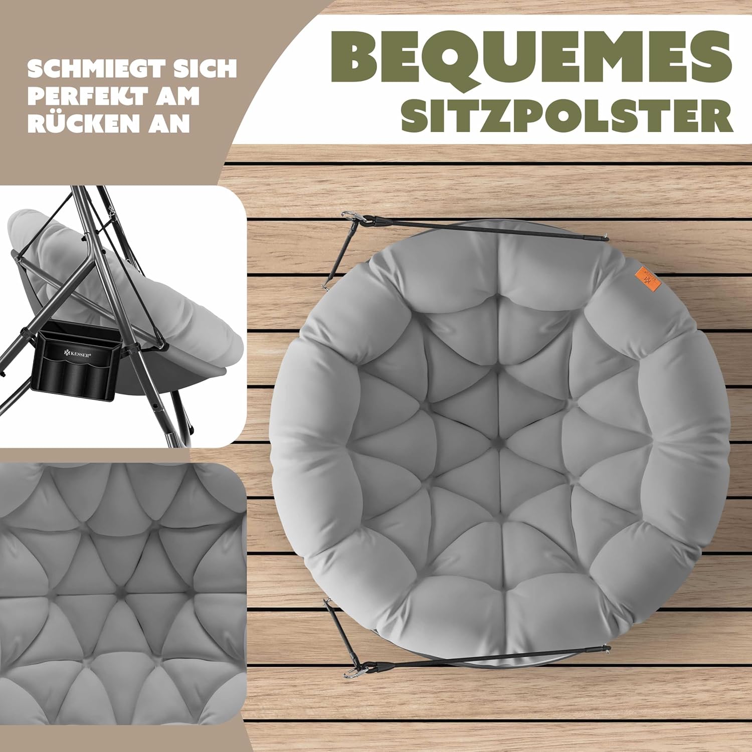 KESSER® Hängesessel mit Gestell Bali Hängeschaukel Hängestuhl bis 150kg für Indoor und Outdoor + Kissen & Seitentasche Hängekorb Stahlgestell & Schaumstoff Sitzpolster