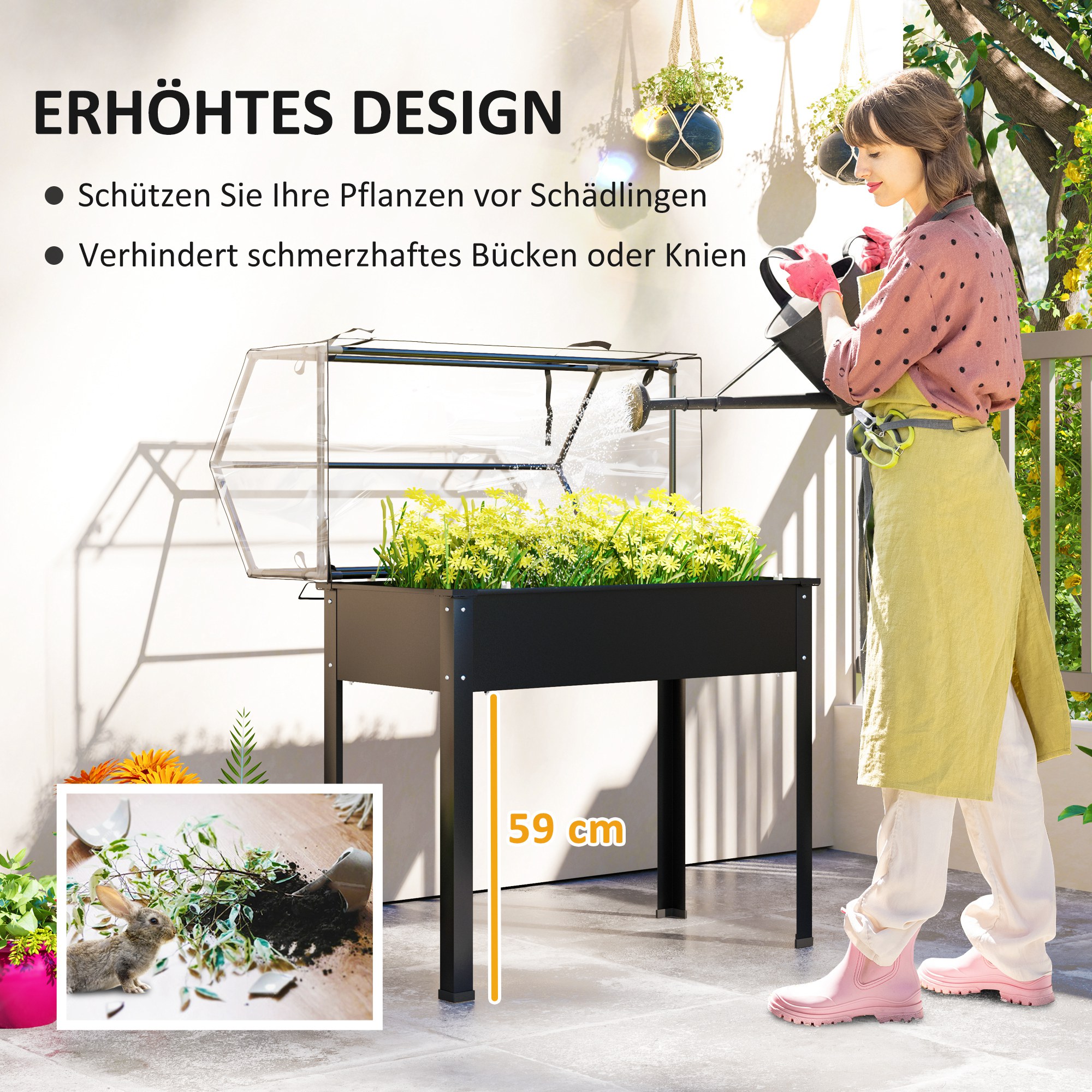 Verhoogde Tuinbak met Kasdak, Verhoogde Plantenbak met Afvoergaten, 100 x 48 x 124 cm, Zwart