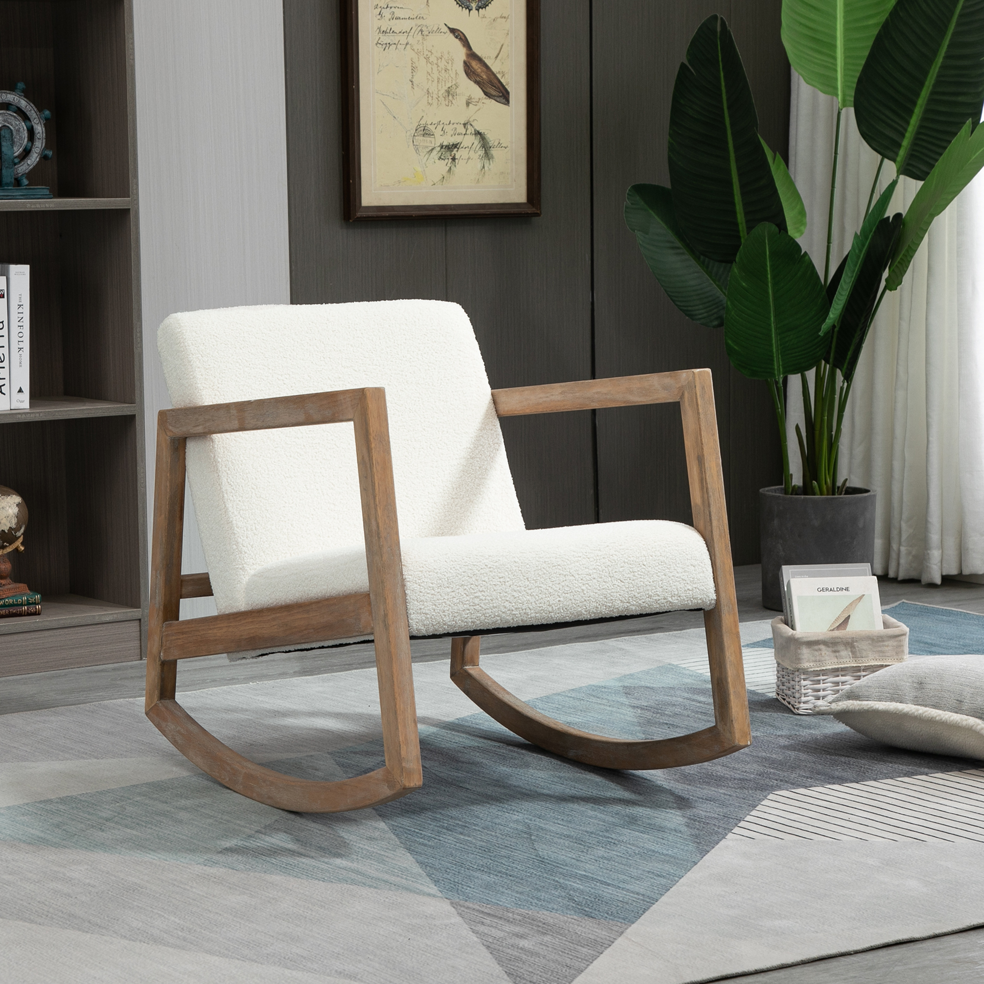 schommelstoel met houten frame, gestoffeerd, relaxstoel, fauteuil, woonkamerstoel, salon met gestoffeerde zitting, rubberhout, cr��me wit, 60 x 81 x 71 cm